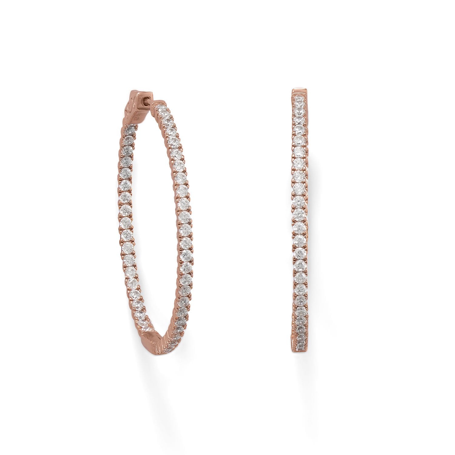 14 Karat Rose Gold Plated Oval In/Out CZ Hoop Earrings - Joyeria Lady