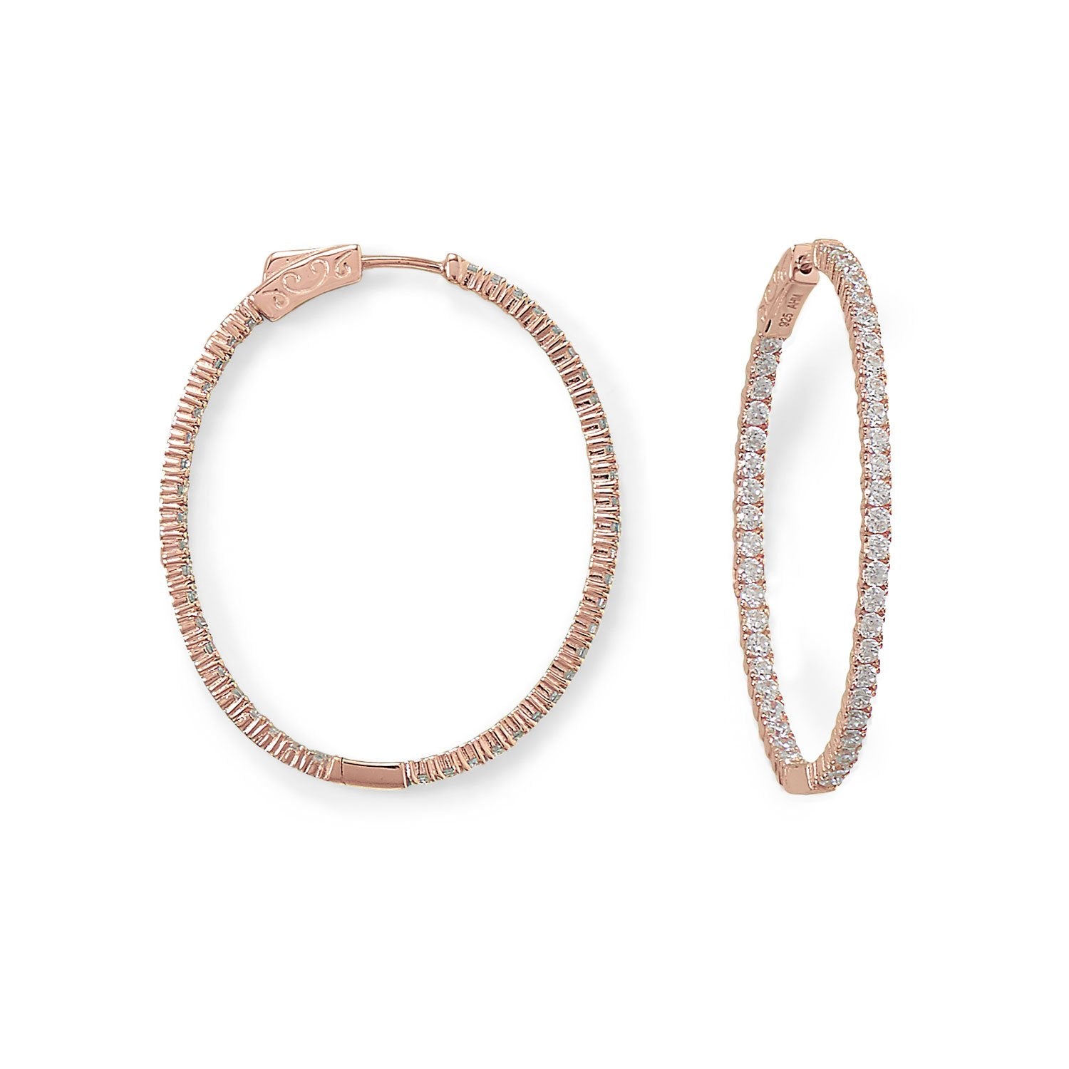 14 Karat Rose Gold Plated Oval In/Out CZ Hoop Earrings - Joyeria Lady