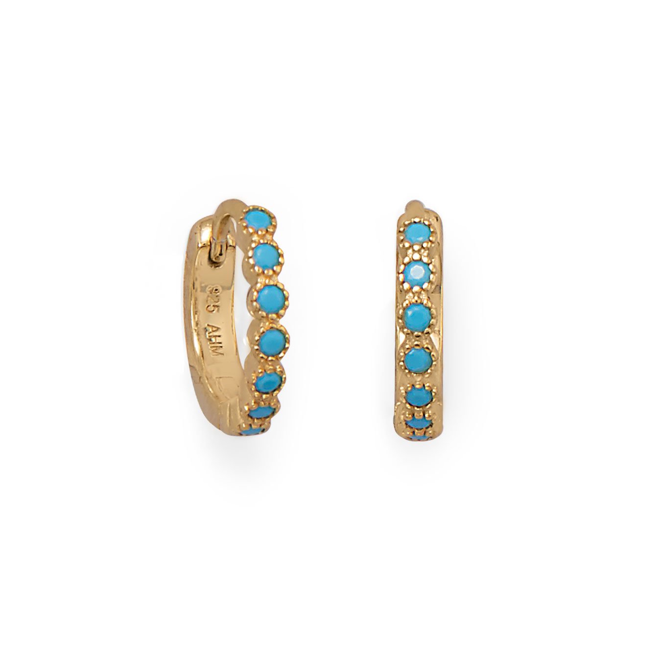14 Karat Gold Plated Turquoise CZ Hoop Earrings - Joyeria Lady
