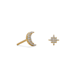 14 Karat Gold Plated CZ Moon and Star Stud Earrings - Joyeria Lady