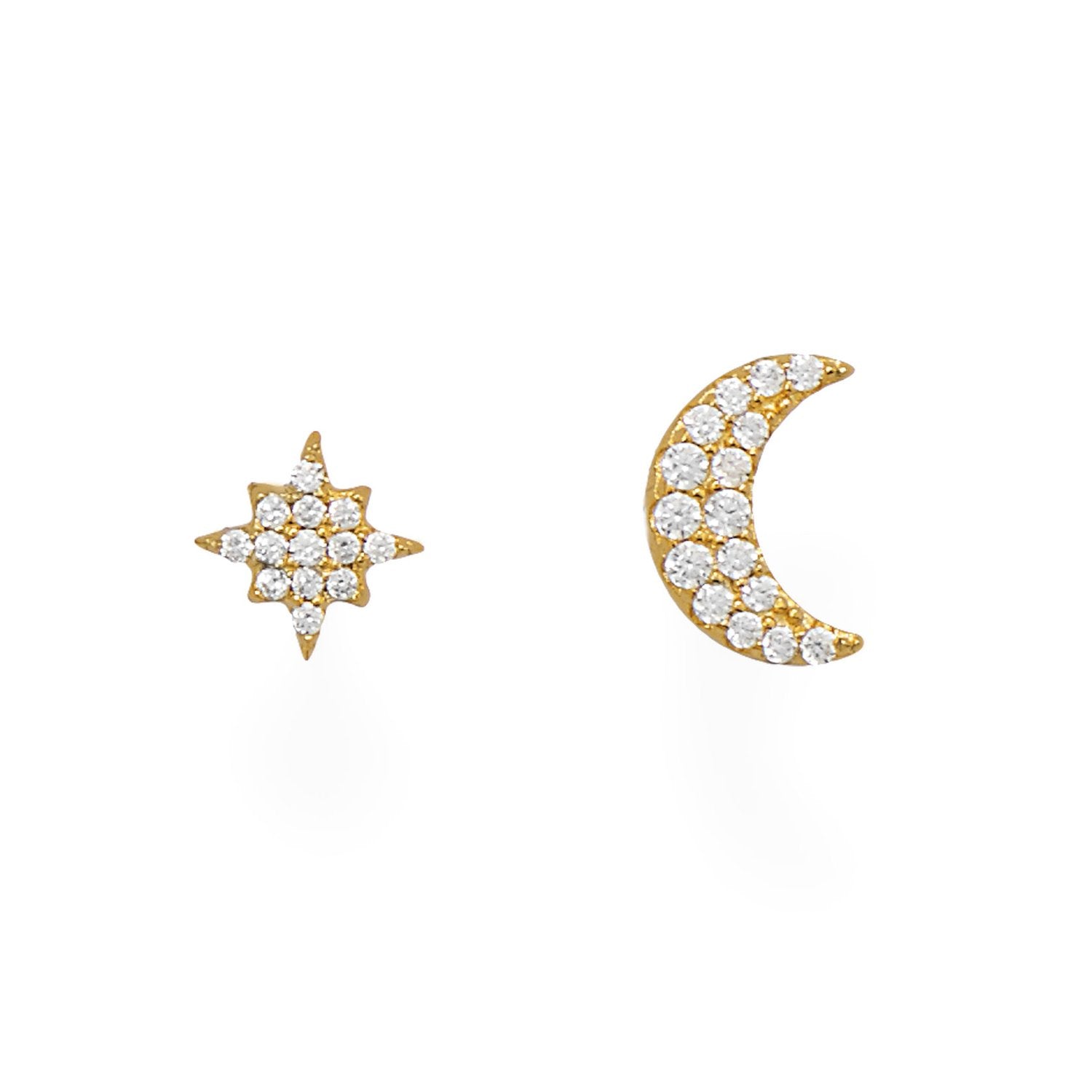 14 Karat Gold Plated CZ Moon and Star Stud Earrings - Joyeria Lady
