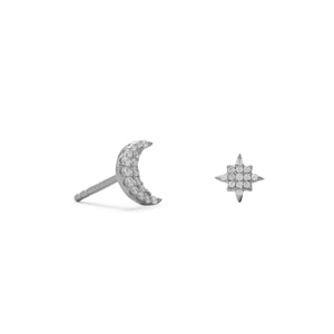 Rhodium Plated CZ Moon and Star Stud Earrings - Joyeria Lady