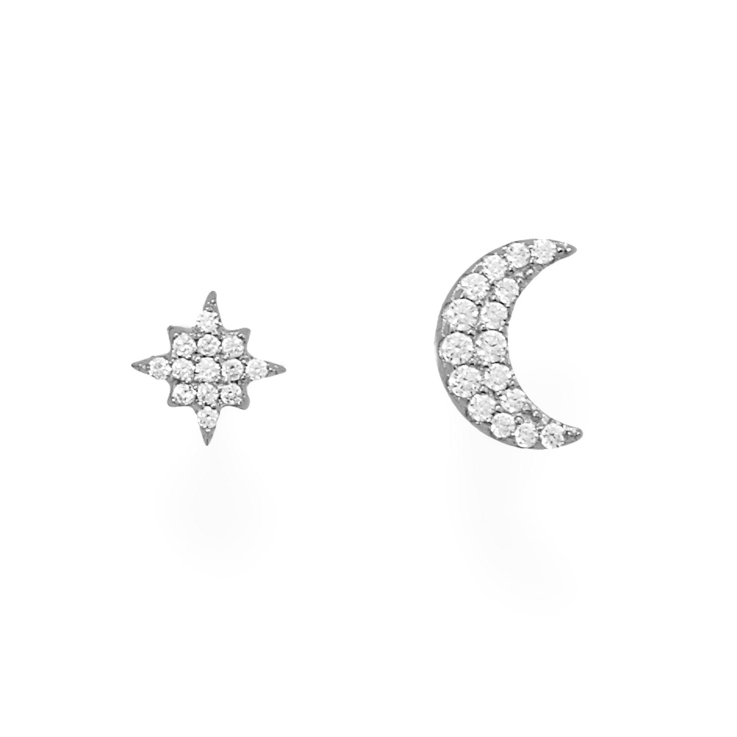 Rhodium Plated CZ Moon and Star Stud Earrings - Joyeria Lady