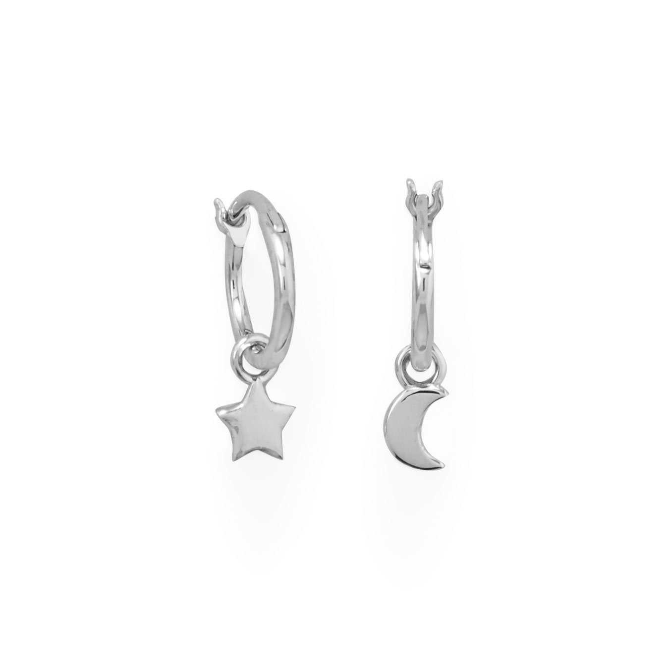 Rhodium Plated Moon and Star Charm Hoop Earrings - Joyeria Lady