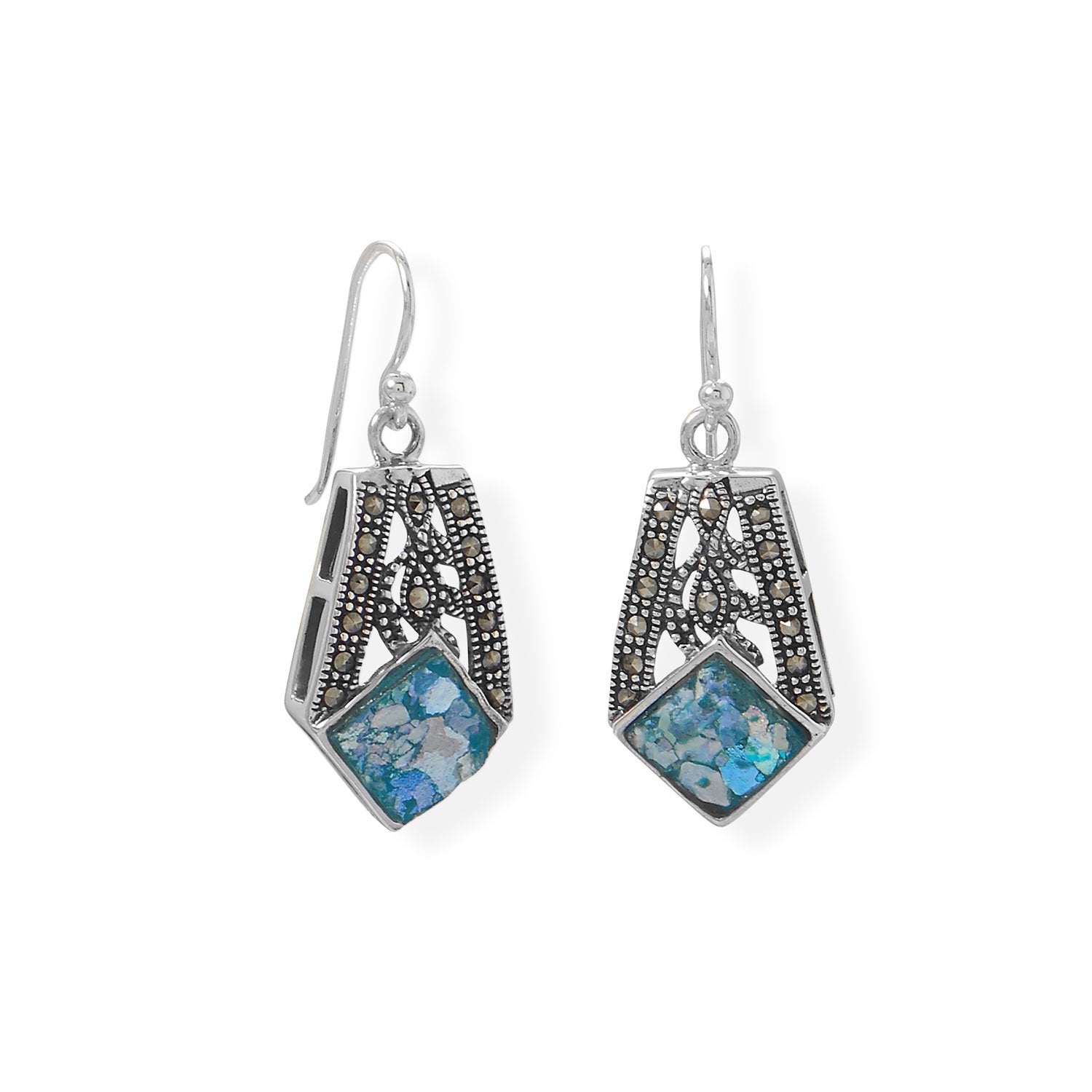 Oxidized Marcasite and Roman Glass Earrings - Joyeria Lady