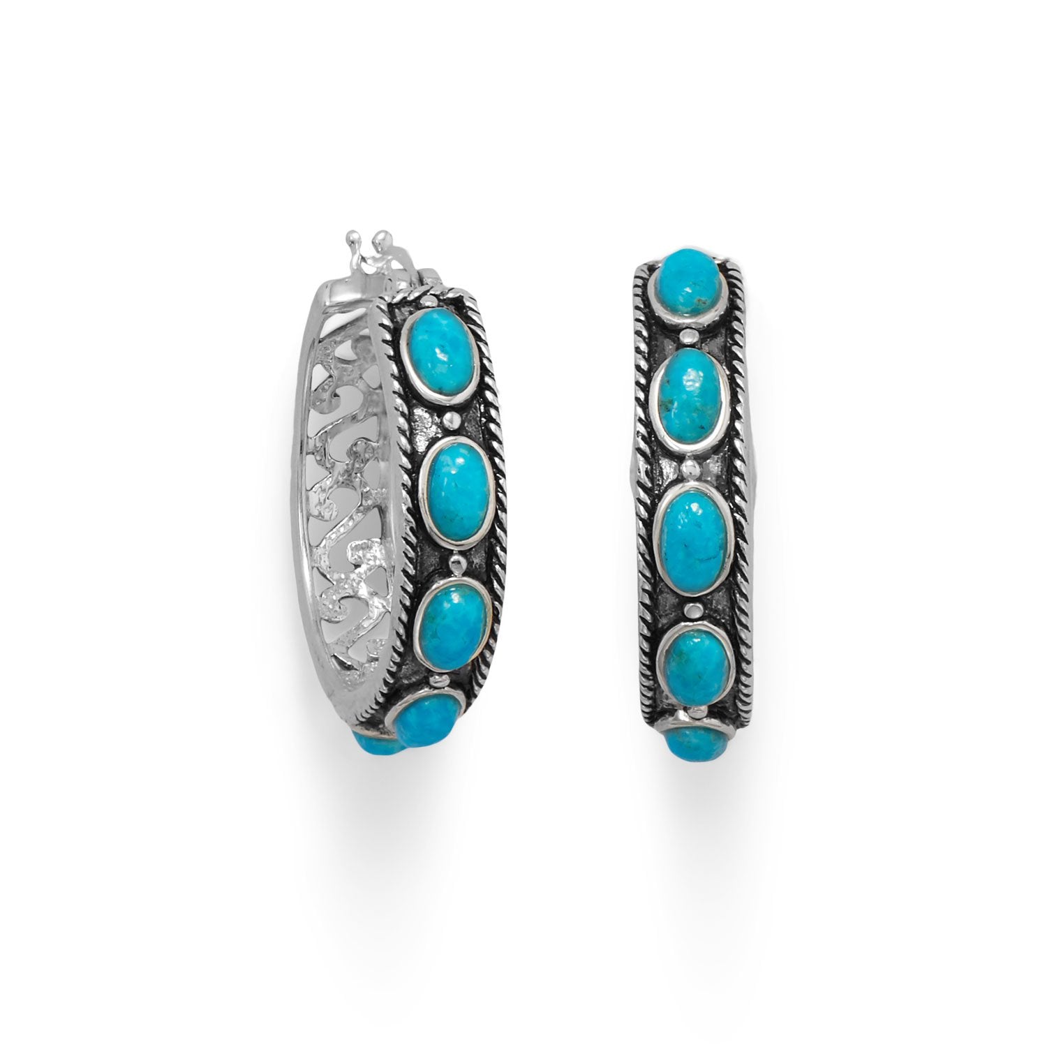 Ornate Oxidized Turquoise Hoop Earring - Joyeria Lady