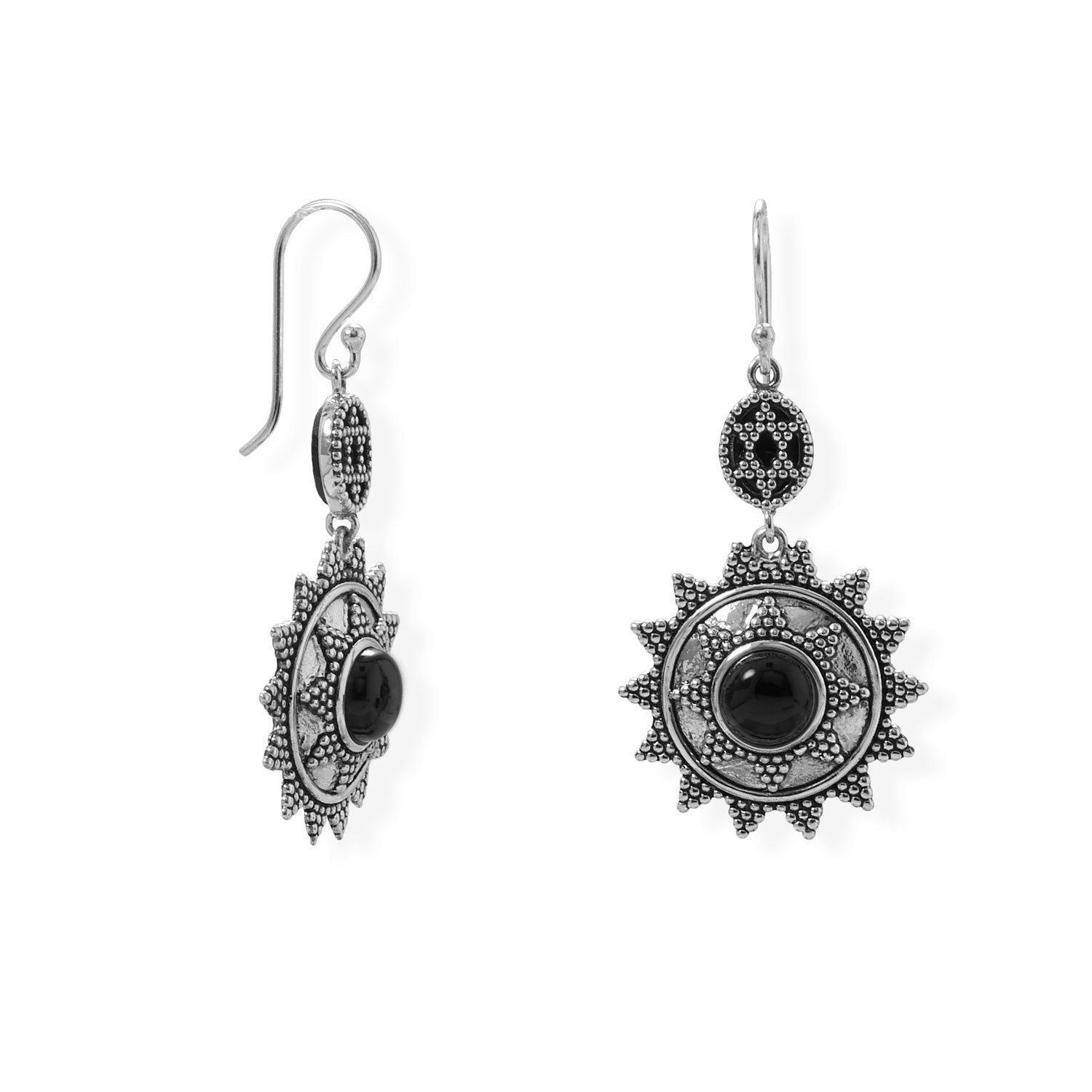 Oxidized Beaded Sun Design Black Onyx Earring - Joyeria Lady