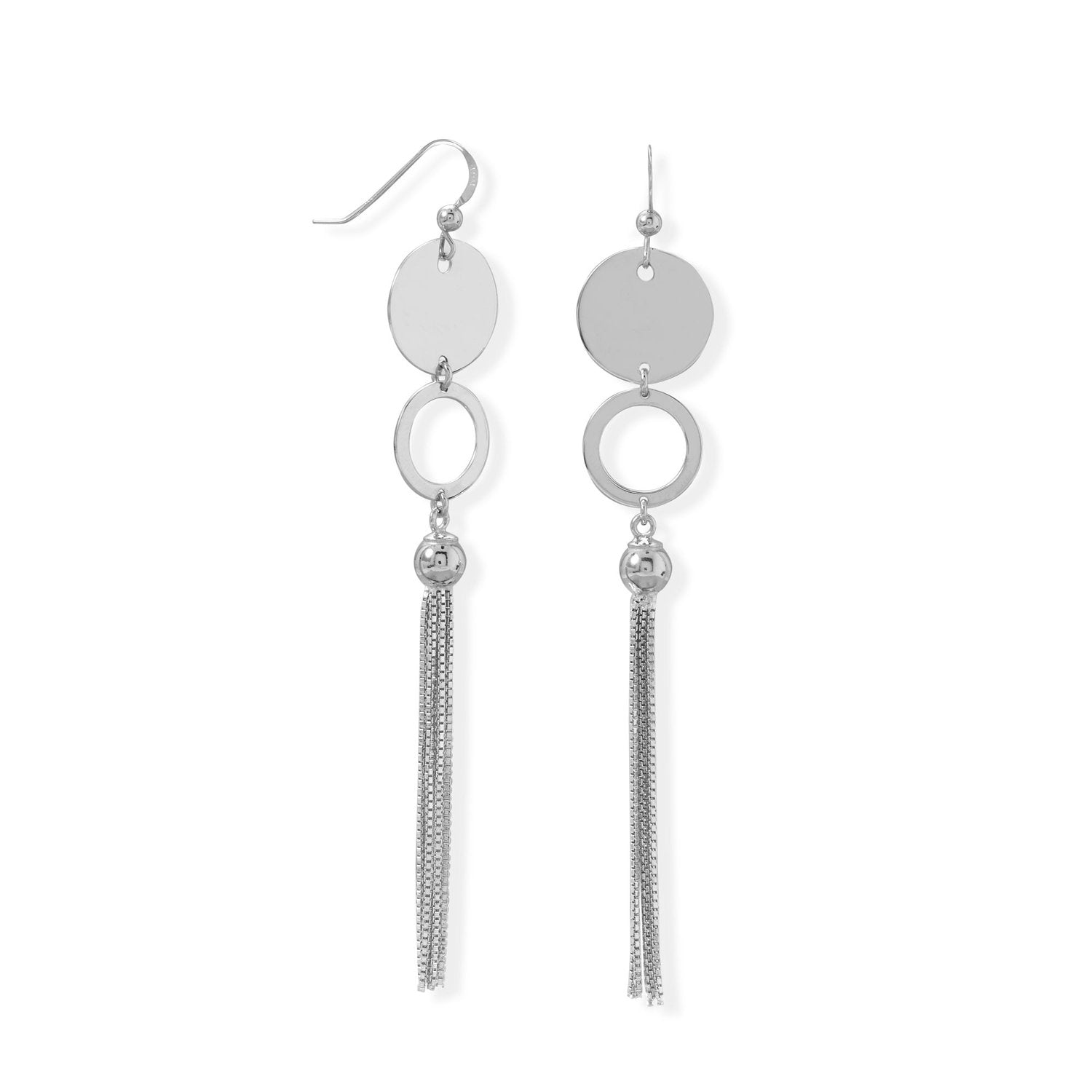 Tassel-tastic! Rhodium Plated Disk and Circle Long Tassel Earring - Joyeria Lady