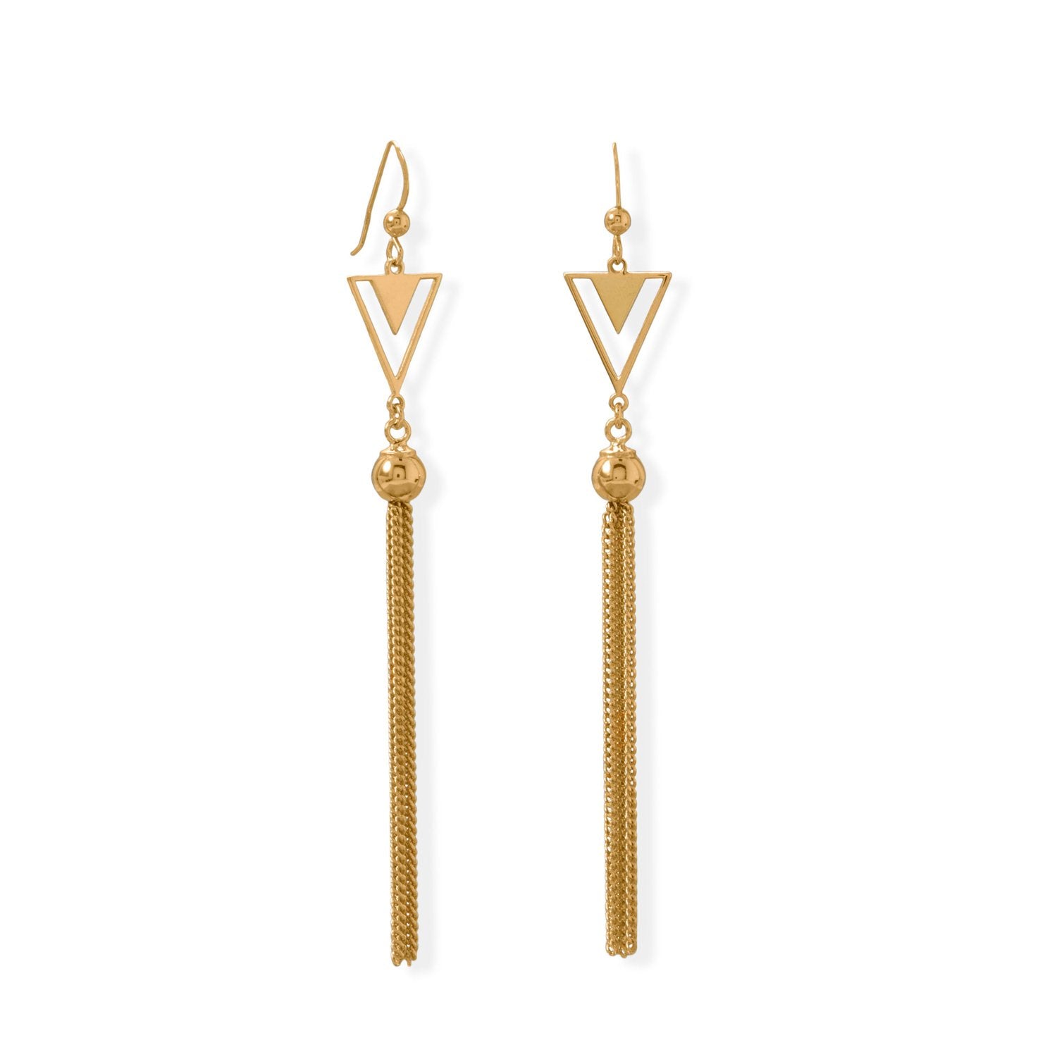 Totally Tassel! 14 Karat Gold Plated Triangle and Tassel Earring - Joyeria Lady