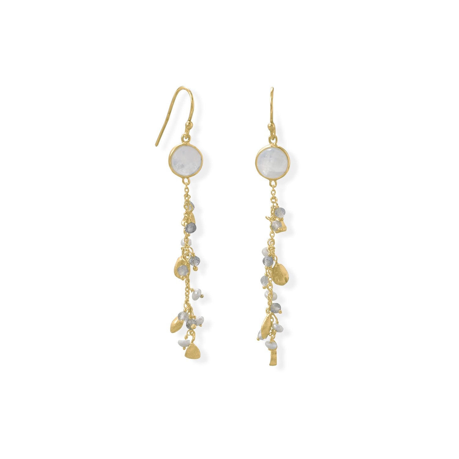 14 Karat Gold Plated Rainbow Moonstone, Labradorite and Pearl Drop Earring - Joyeria Lady