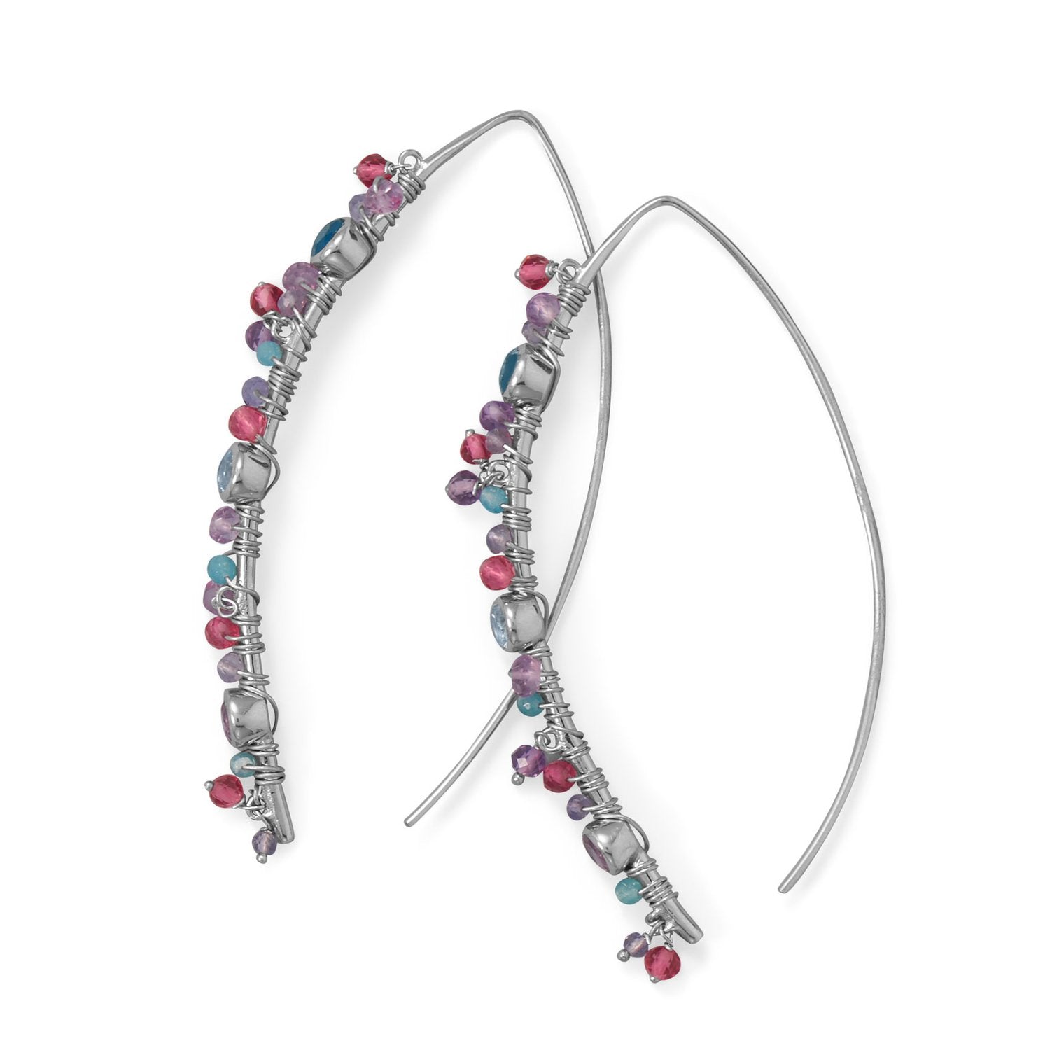 Rhodium Plated Marquis Wire Beaded Earring - Joyeria Lady