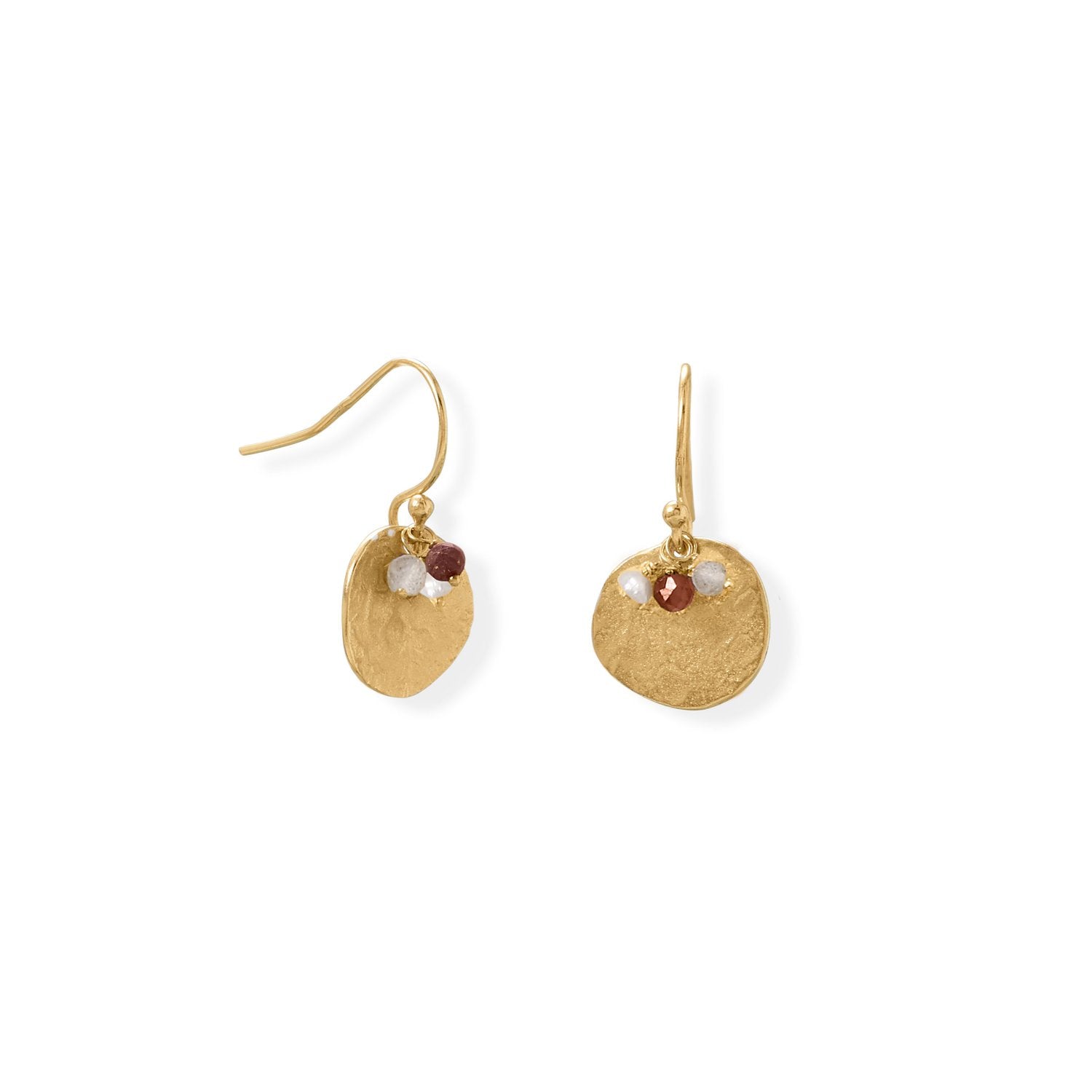 Glimmering Garnet! 14 Karat Gold Plated Garnet, Labradorite and Pearl Disk Earring - Joyeria Lady