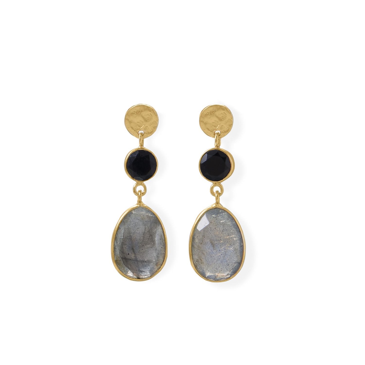 14 Karat Gold Plated Black Onyx and Labradorite Post Earring - Joyeria Lady