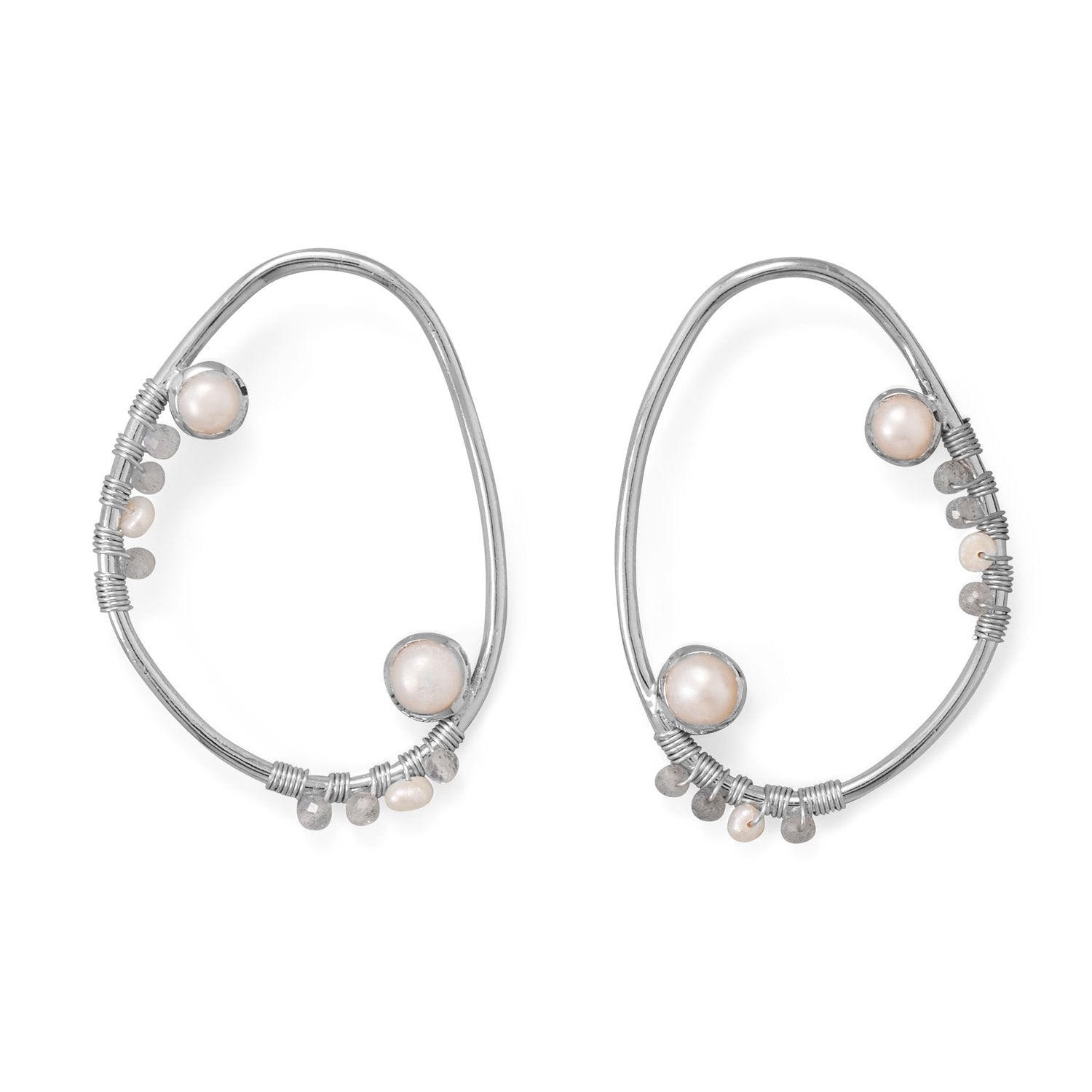 Fab Fashion! Large Open Cultured Freshwater Pearl and Labradorite Post Earring - Joyeria Lady