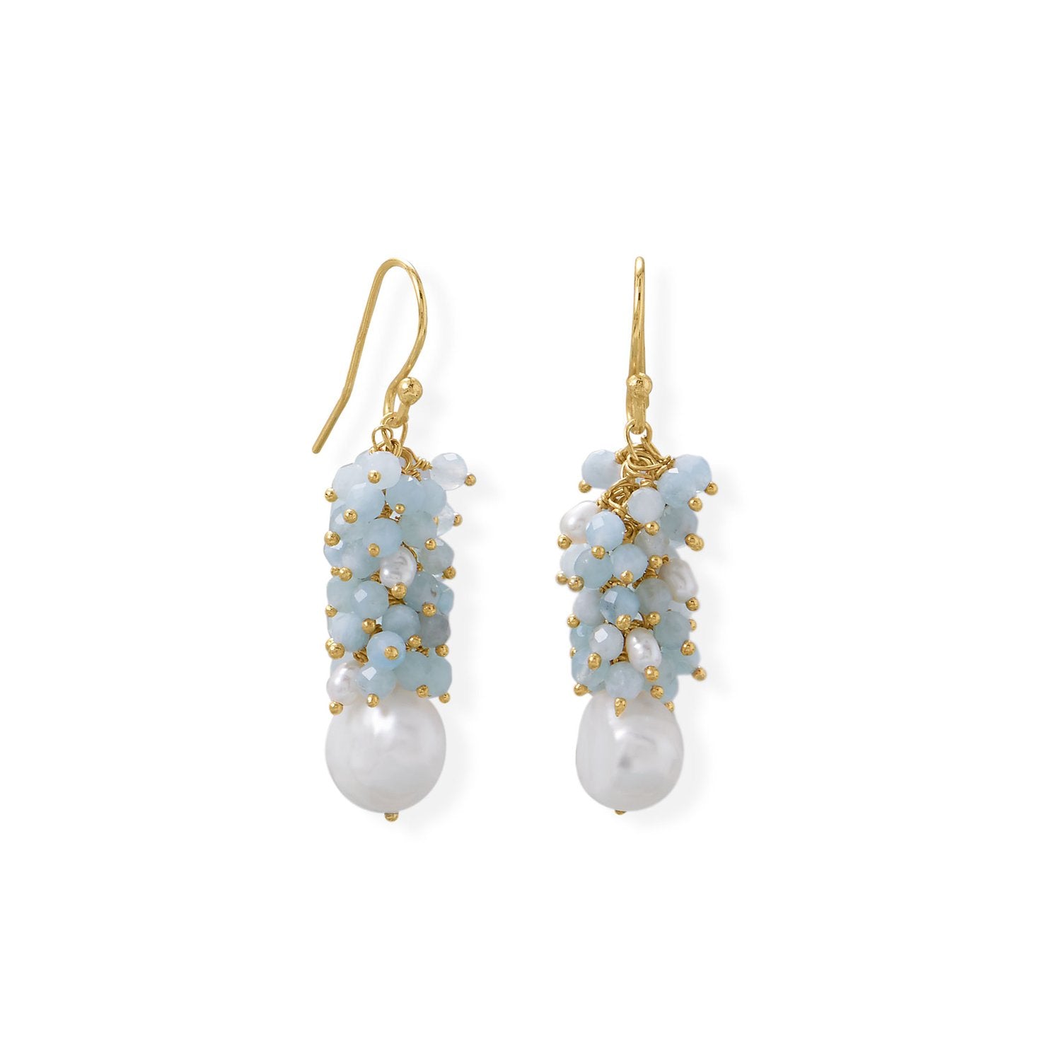 14 Karat Gold Plated Aquamarine and Cultured Freshwater Pearl Earring - Joyeria Lady