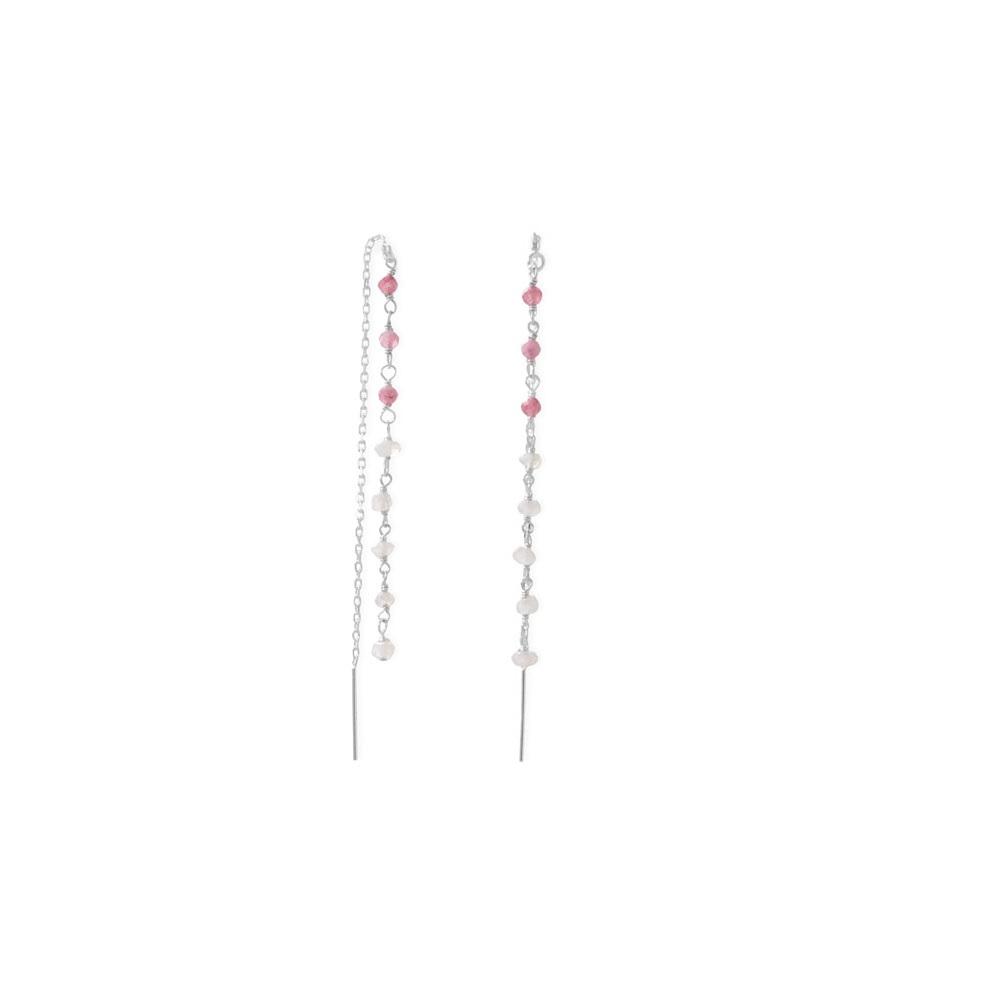 Pretty in Pink! Rainbow Moonstone and Pink Tourmaline Threader Earrings - Joyeria Lady