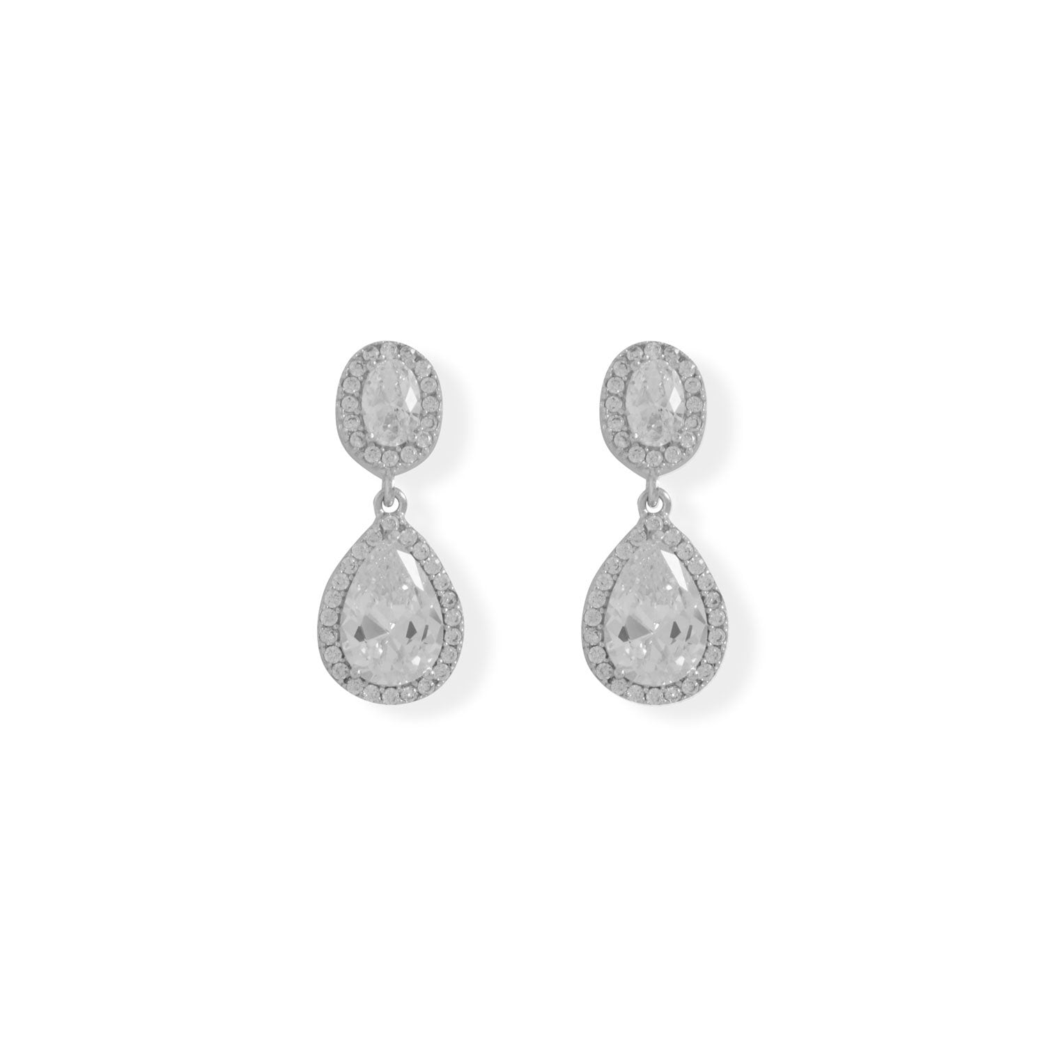 Rhodium Plated Oval and Pear CZ Drop Earrings - Joyeria Lady