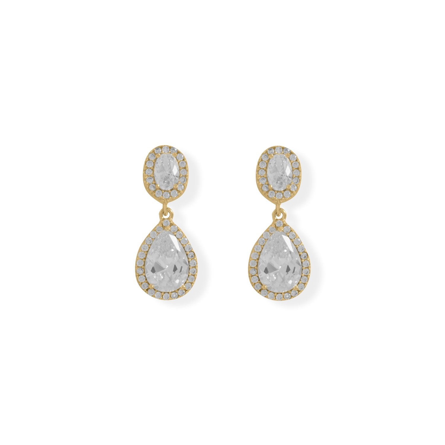 14 Karat Gold Plated Oval and Pear CZ Drop Earrings - Joyeria Lady