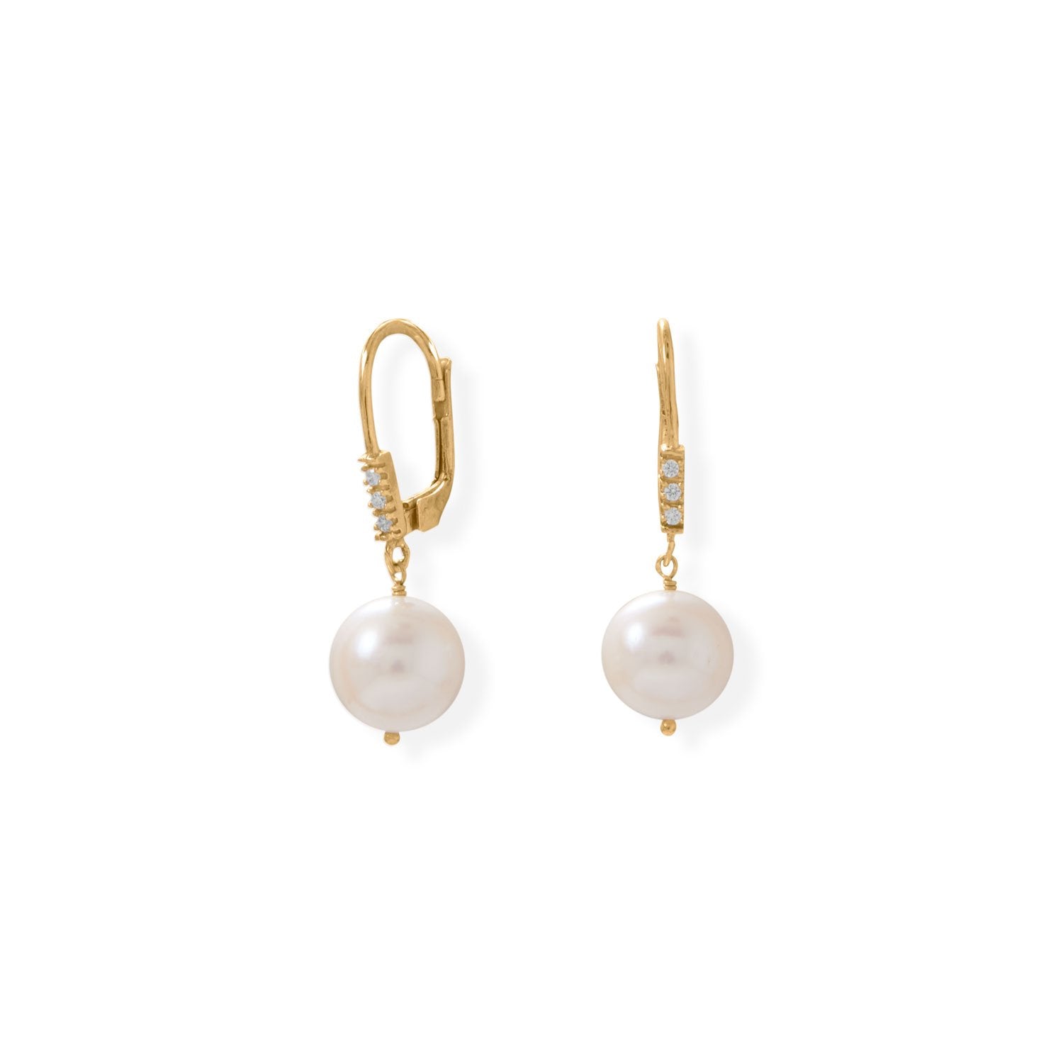 Gold Plated Cultured Freshwater Pearl and CZ Lever Earring - Joyeria Lady