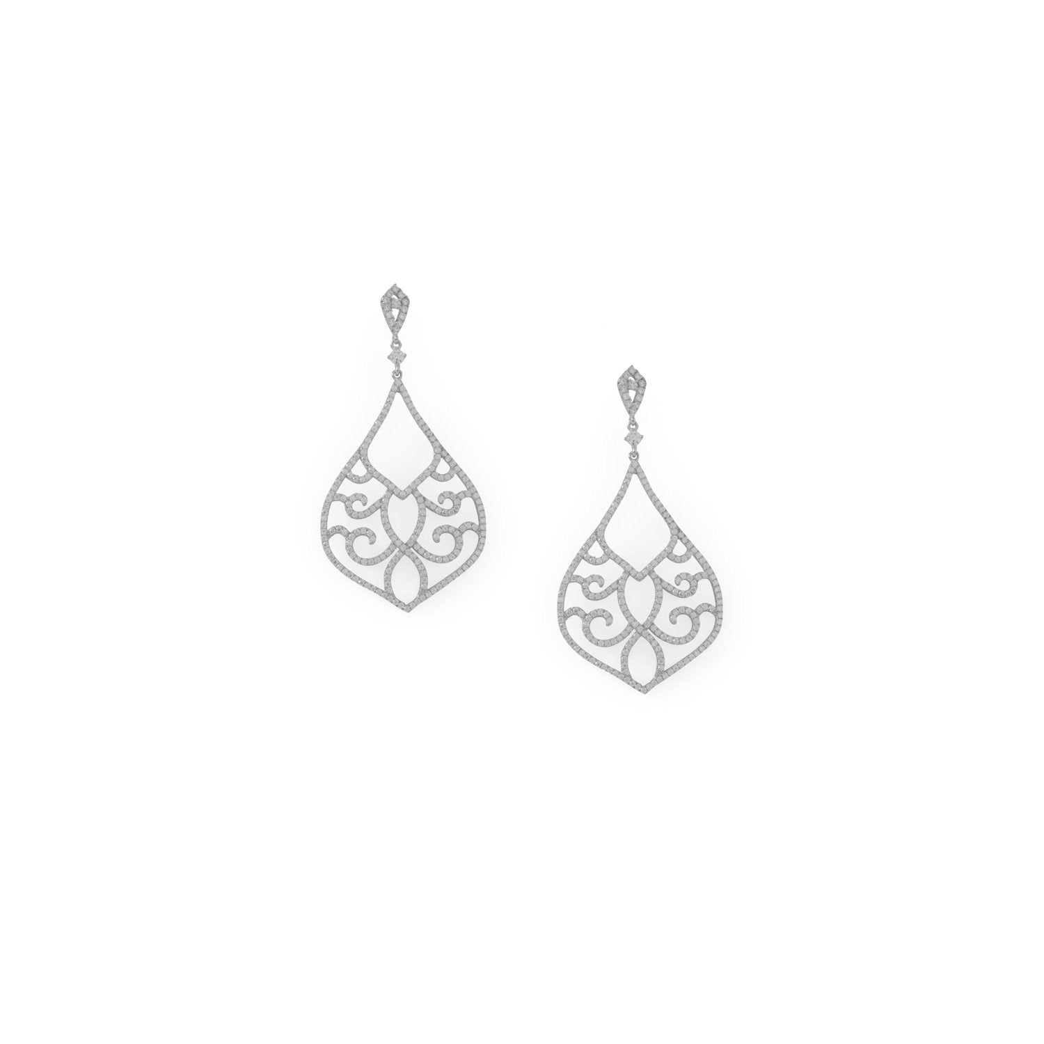 Rhodium Plated Ornate CZ Raindrop Post Earrings - Joyeria Lady