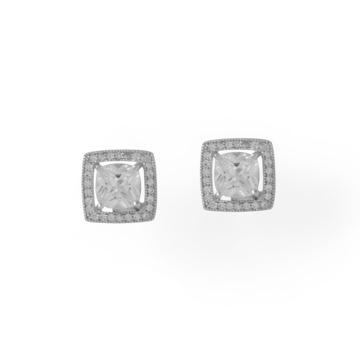Rhodium Plated Square CZ with Halo Stud Earrings - Joyeria Lady