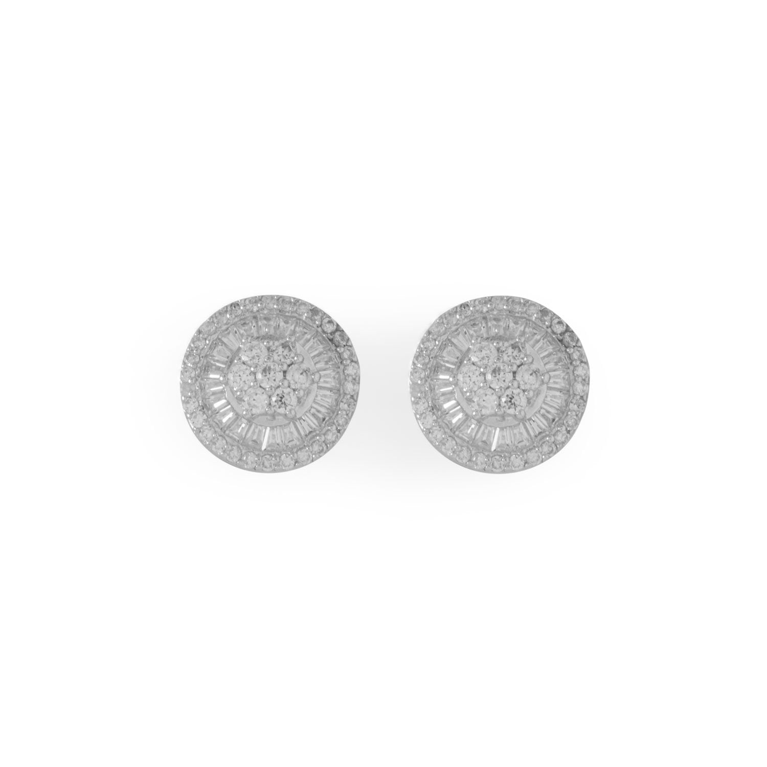 Rhodium Plated Round Baguette CZ Post Earrings - Joyeria Lady