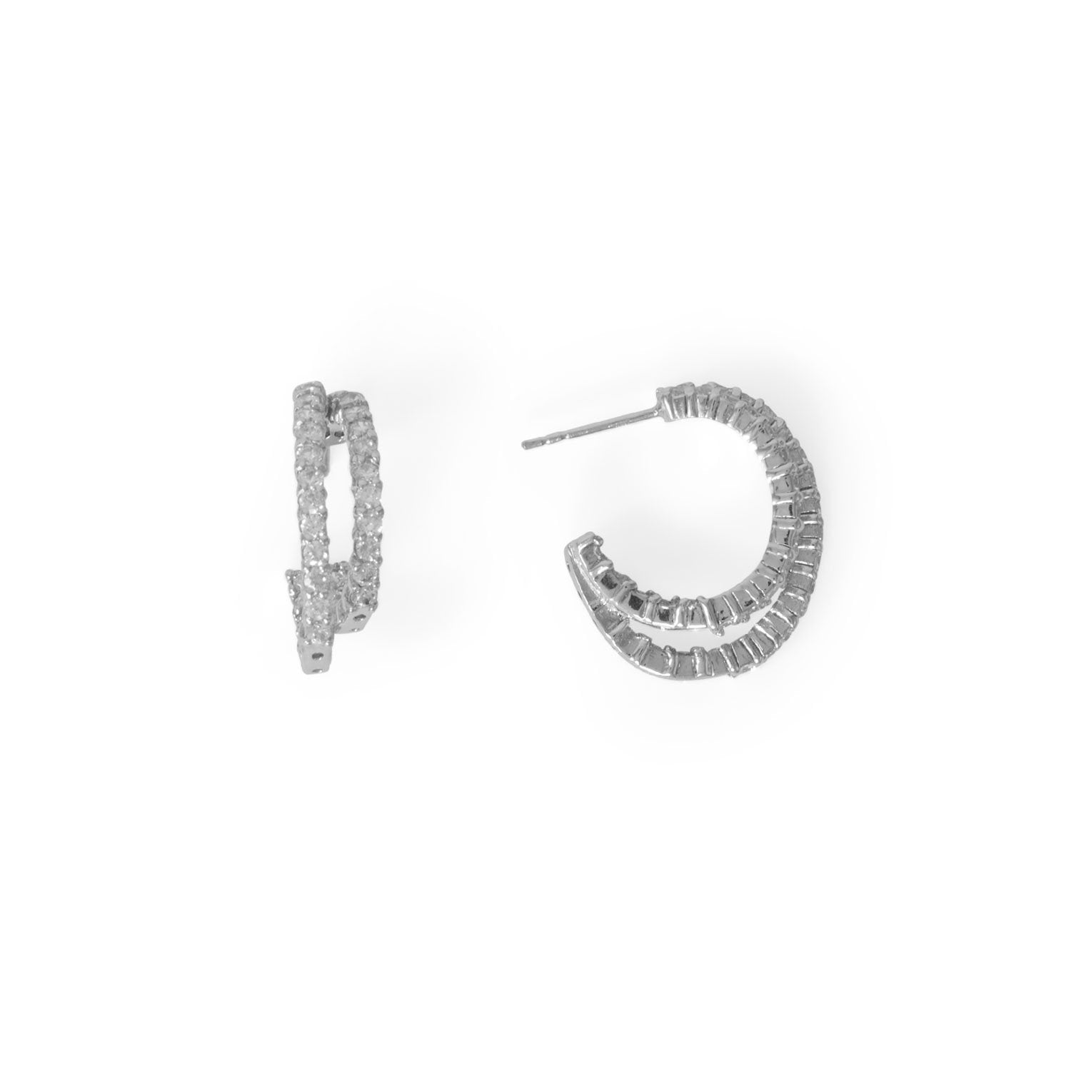 Rhodium Plated In/Out CZ Double 3/4 Hoop Earrings - Joyeria Lady