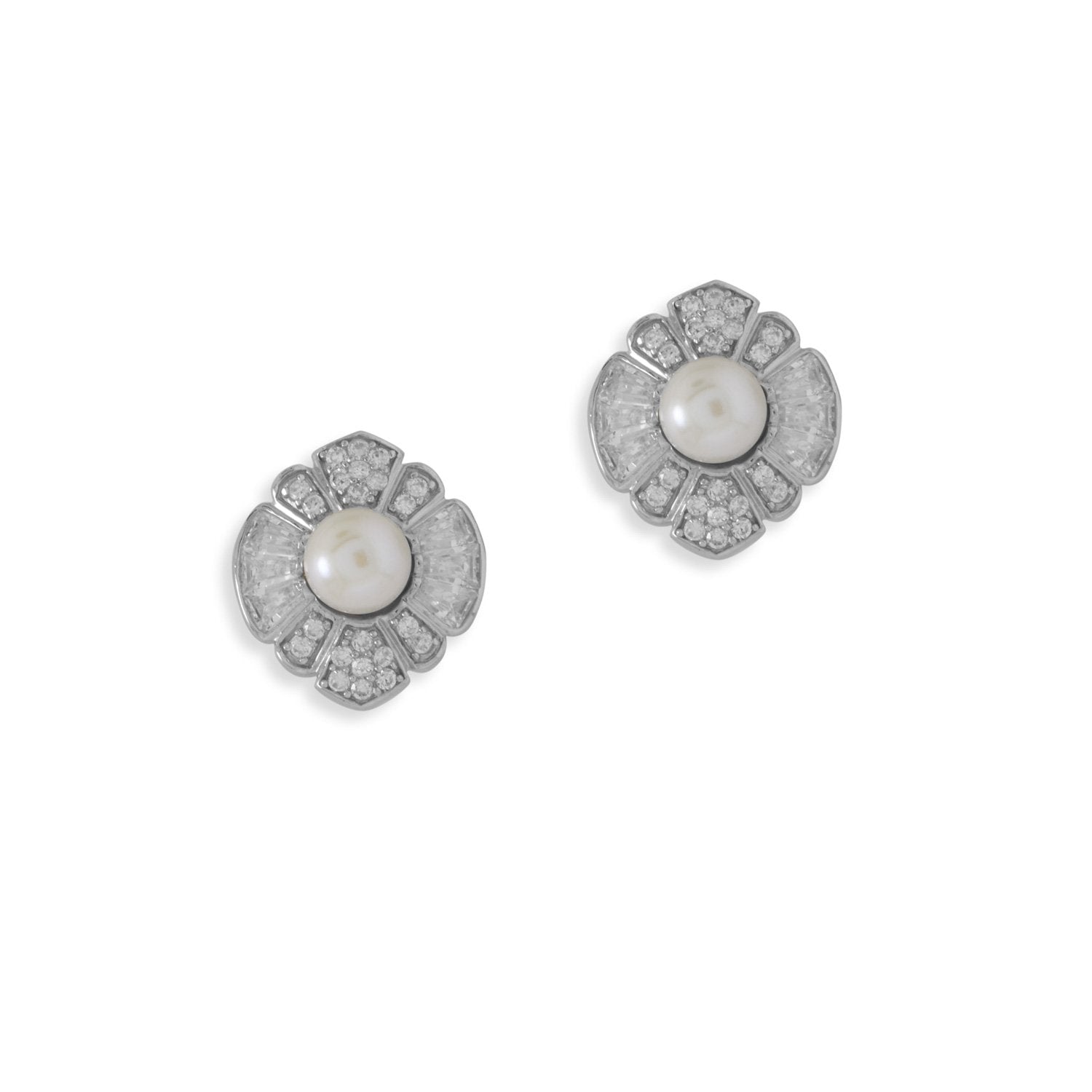 Rhodium Plated CZ and Cultured Freshwater Pearl Flower Earrings - Joyeria Lady