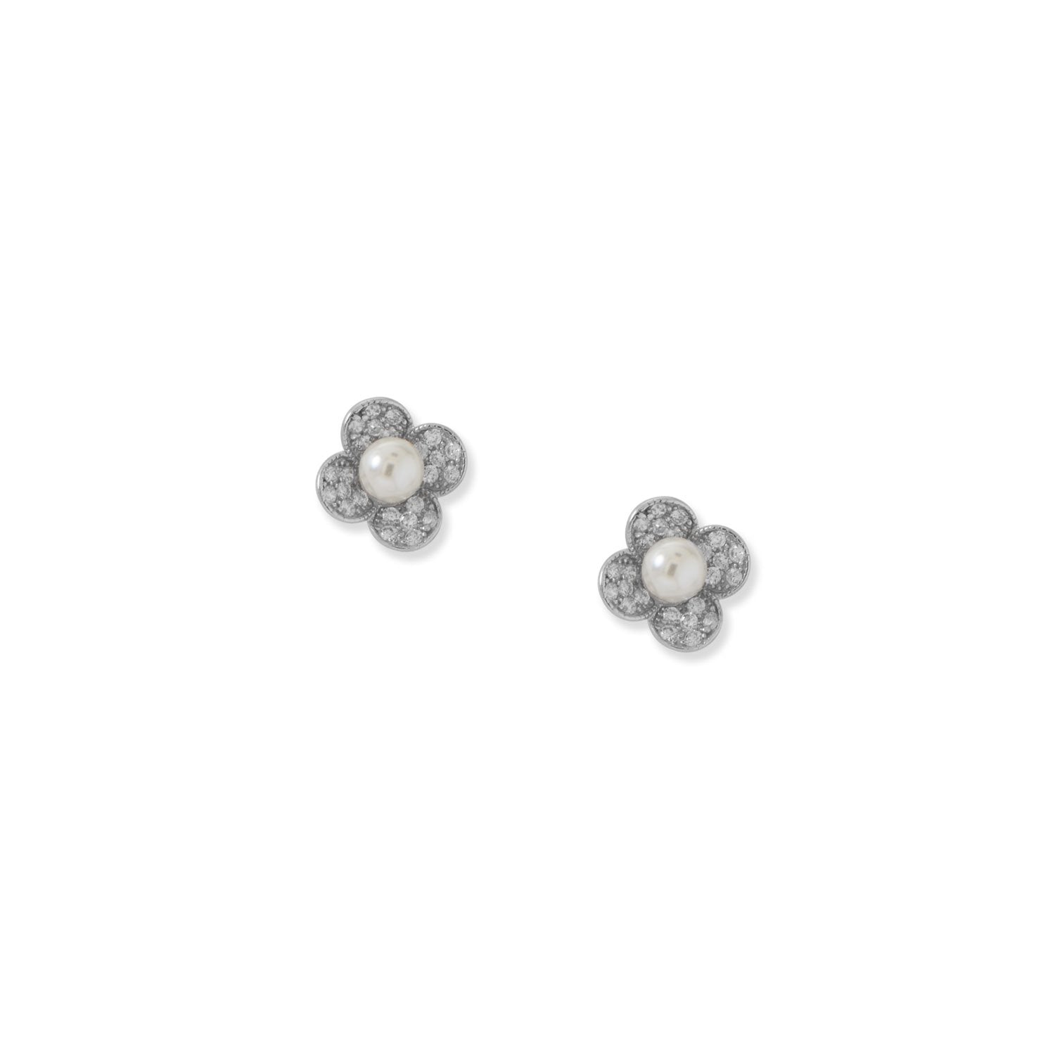 Rhodium Plated Simulated Pearl and Pave CZ Flower Earrings - Joyeria Lady