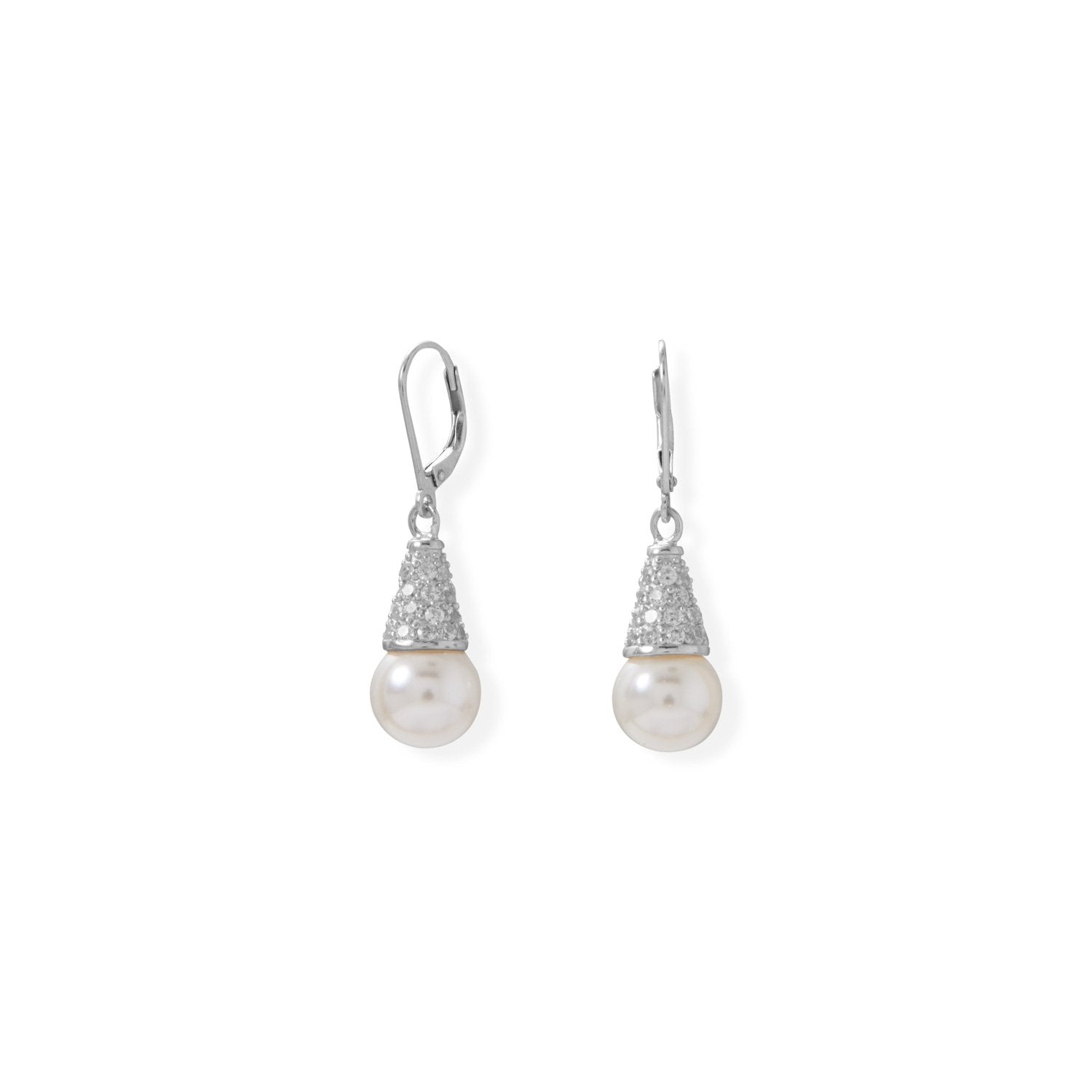 Simulated Pearl and Pave CZ Cone Lever Earrings - Joyeria Lady