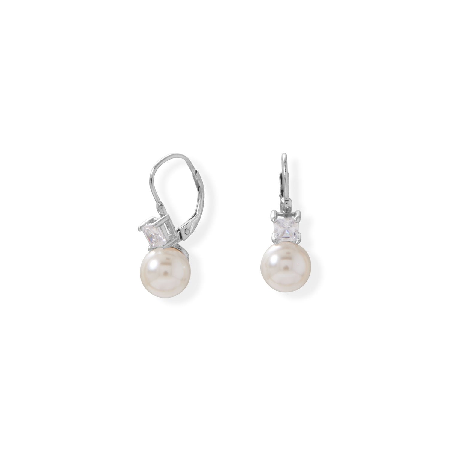 Simulated Pearl and Square CZ Lever Earrings - Joyeria Lady