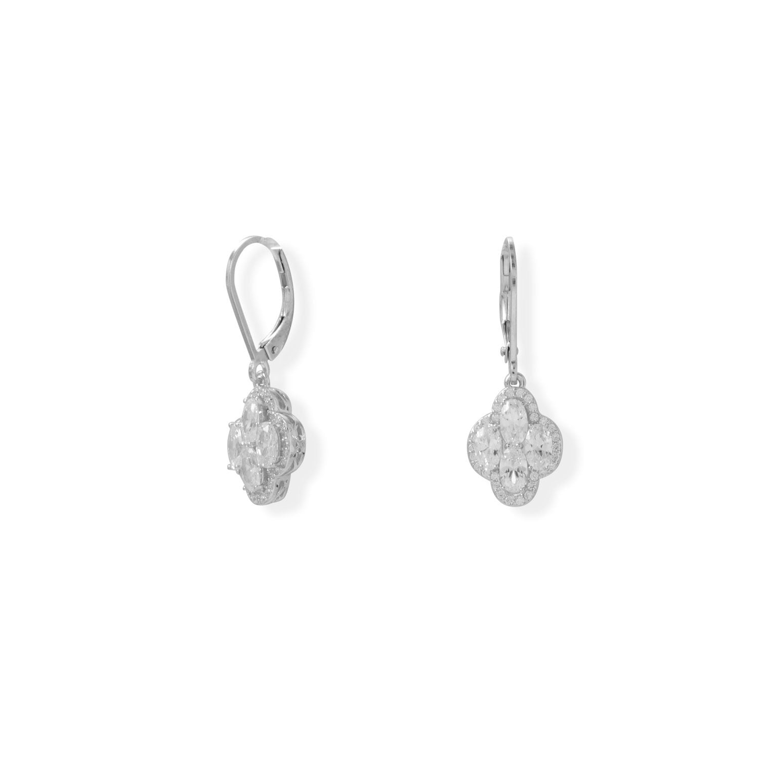 Rhodium Plated 4 Oval CZ Lever Earrings - Joyeria Lady
