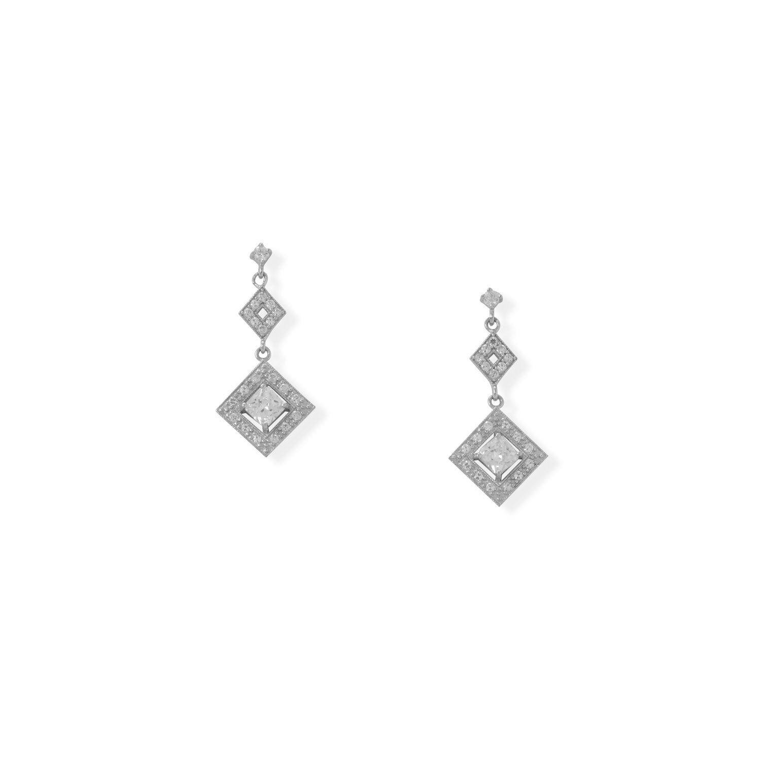 Rhodium Plated CZ Diamond Shaped Drop Earrings - Joyeria Lady