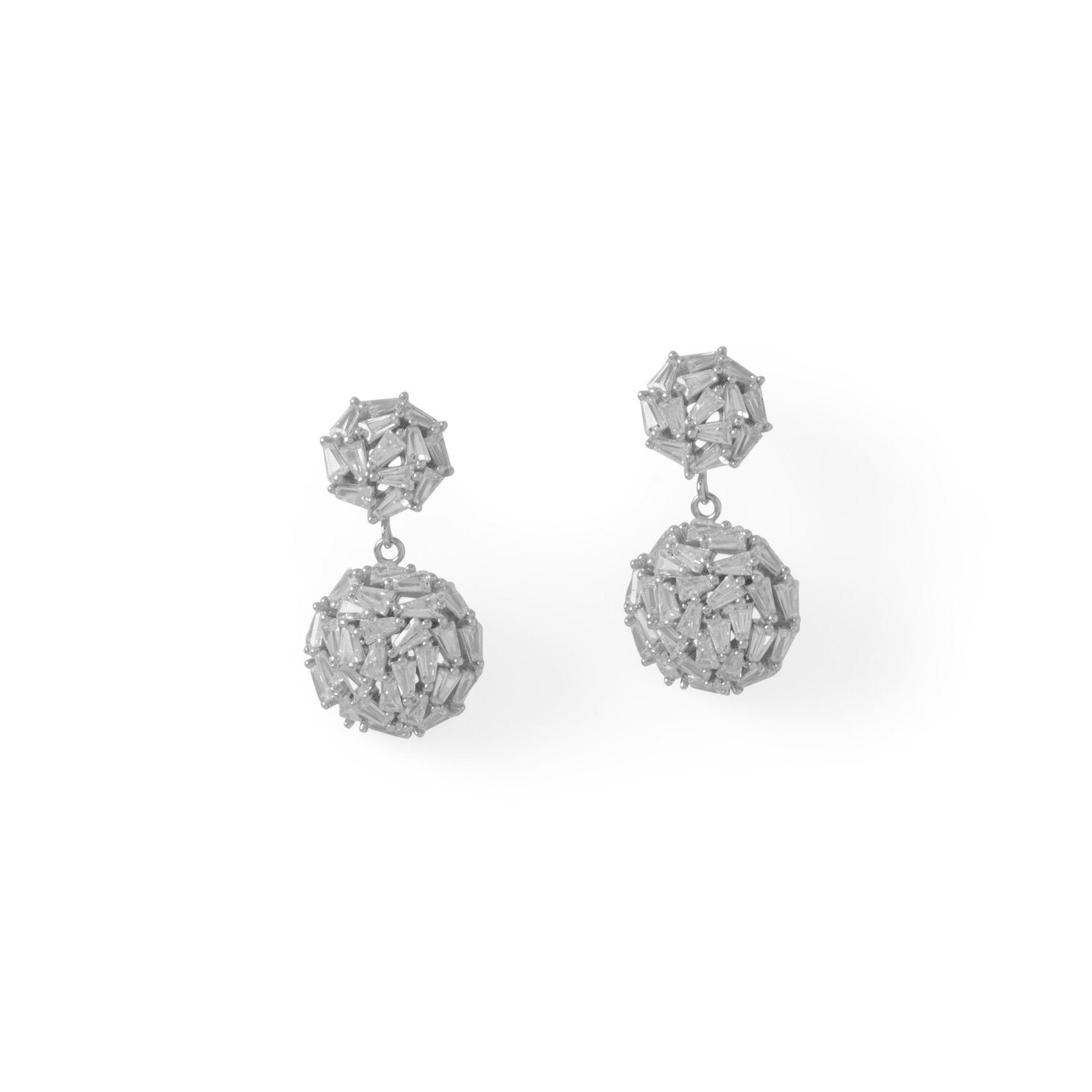 Rhodium Plated CZ 1/2 Dome Drop Earrings - Joyeria Lady