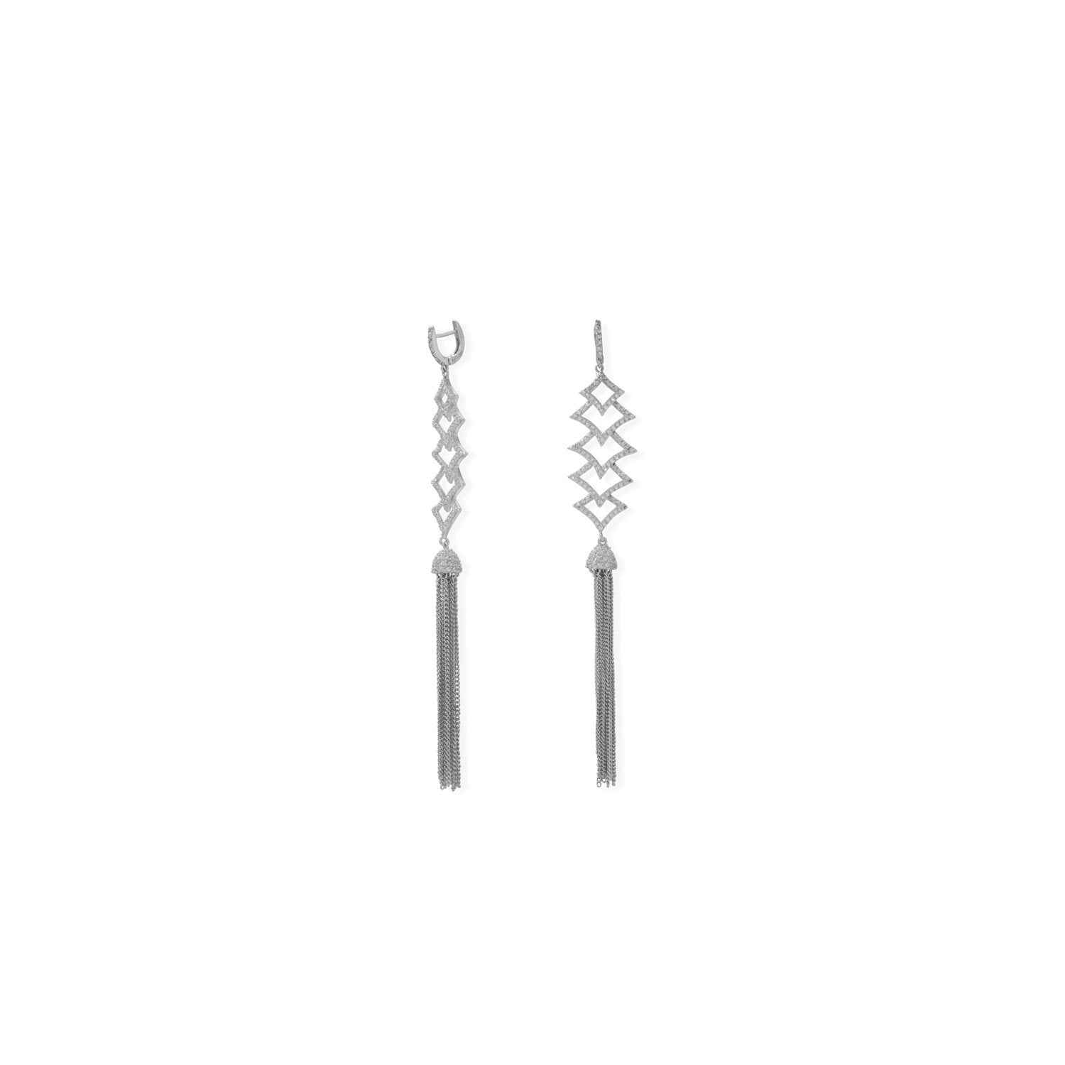 Rhodium Plated CZ Rhombus and Tassel Drop Earrings - Joyeria Lady