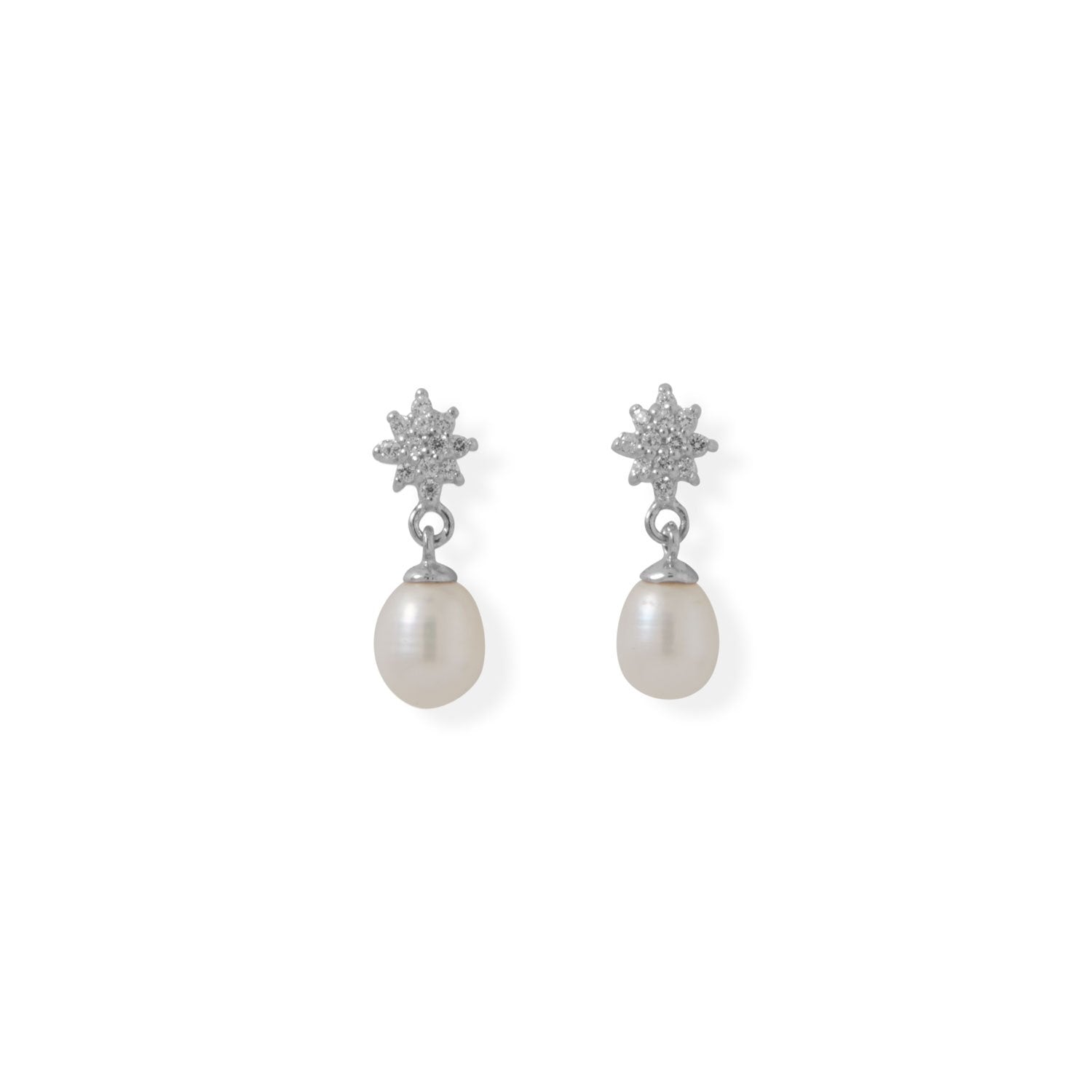 CZ Flower Post with Cultured Freshwater Pearl Drop Earrings - Joyeria Lady