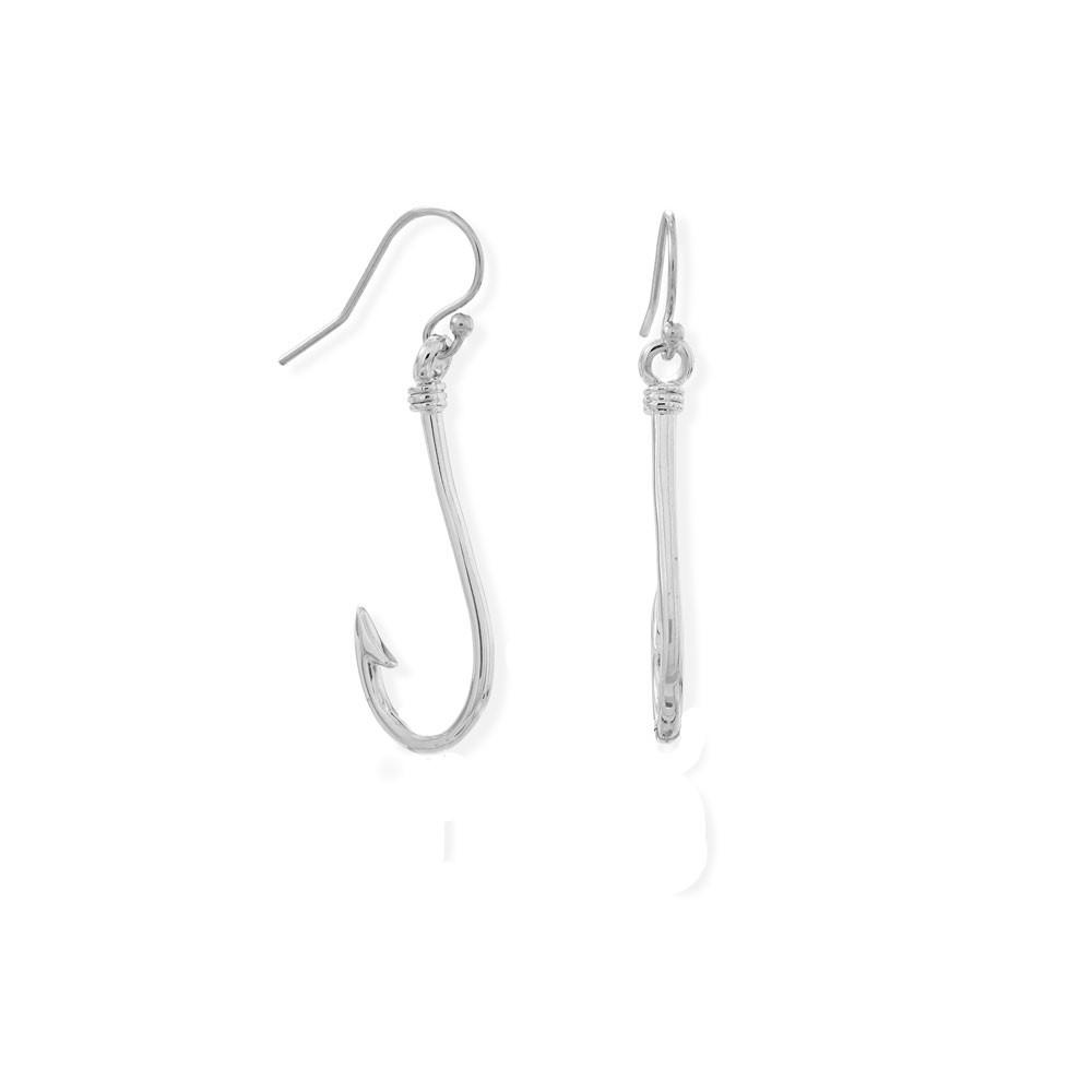 Rhodium Plate Fish Hook Earrings - Joyeria Lady