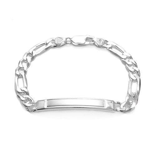 Stunning Sterling Silver Engravable Brushed Center Figaro ID Bracelet - Joyeria Lady