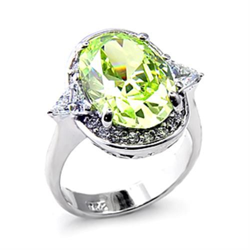 6X187 - Rhodium 925 Sterling Silver Ring with AAA Grade CZ  in Apple Green color - Joyeria Lady
