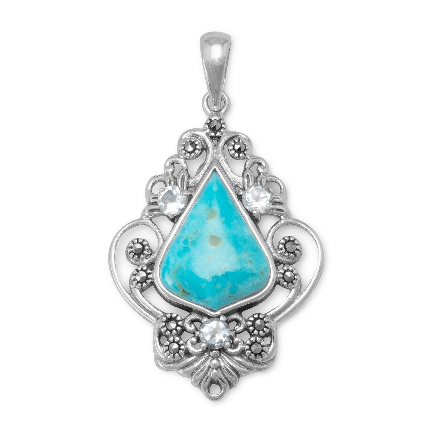 Reconstituted Turquoise, Blue Topaz and Marcasite Pendant - Joyeria Lady