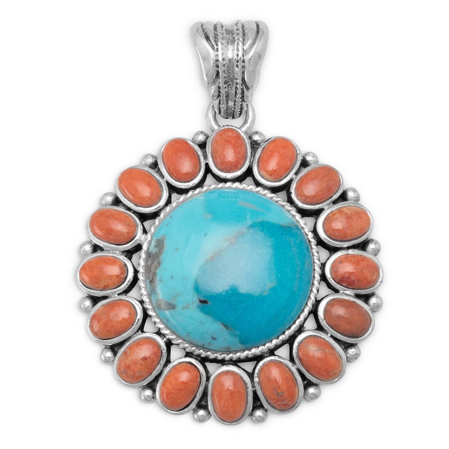 Reconstituted Turquoise and Coral Sunburst Pendant - Joyeria Lady