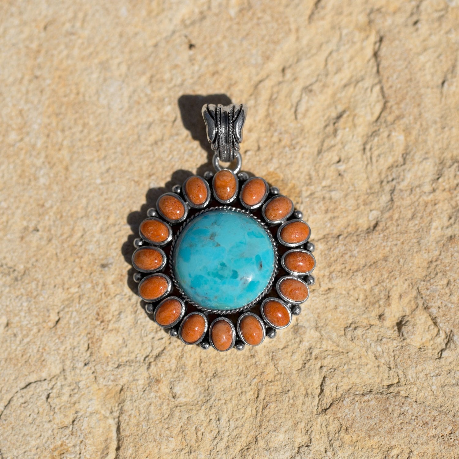 Reconstituted Turquoise and Coral Sunburst Pendant - Joyeria Lady