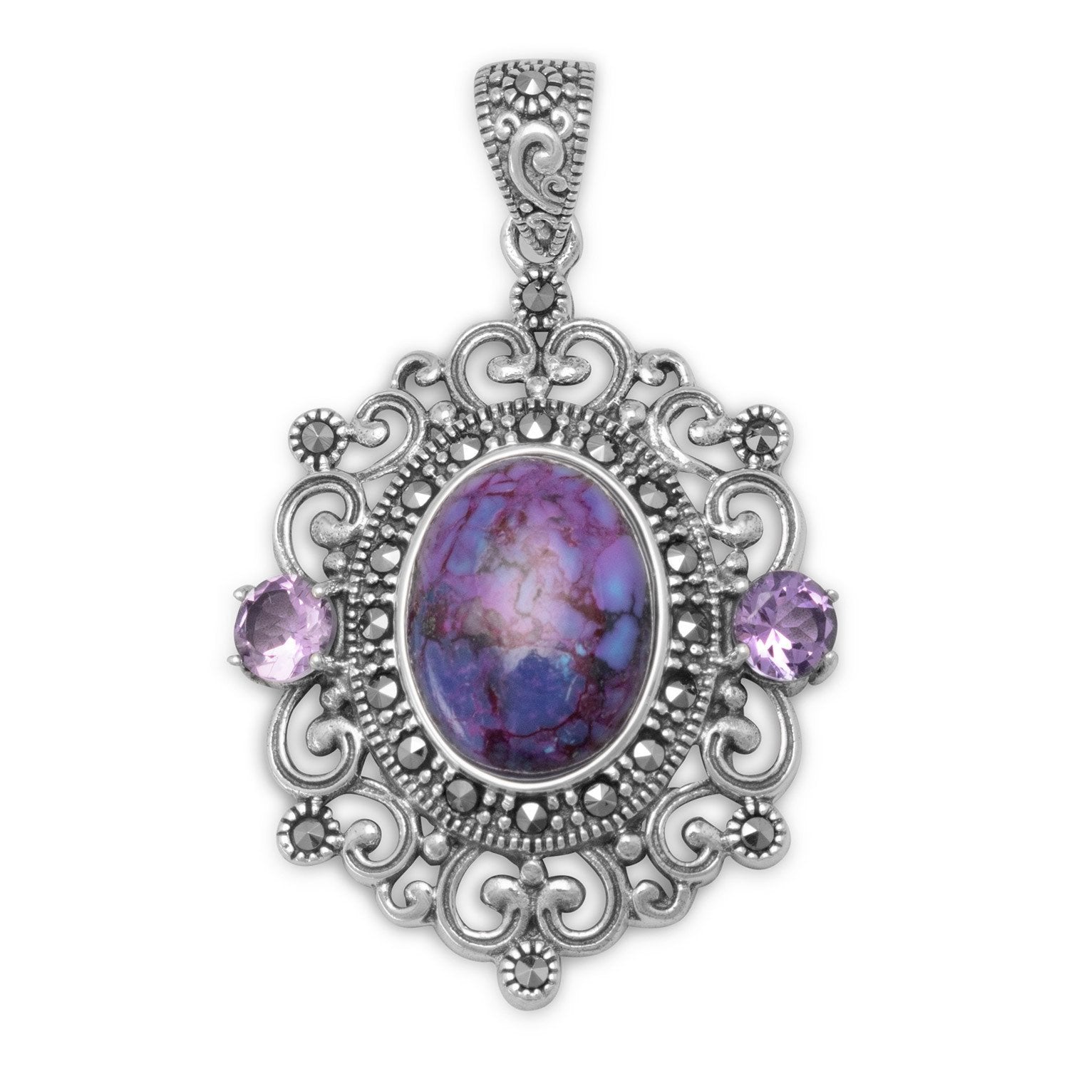Ornate Marcasite and Reconstituted Purple Turquoise Pendant - Joyeria Lady