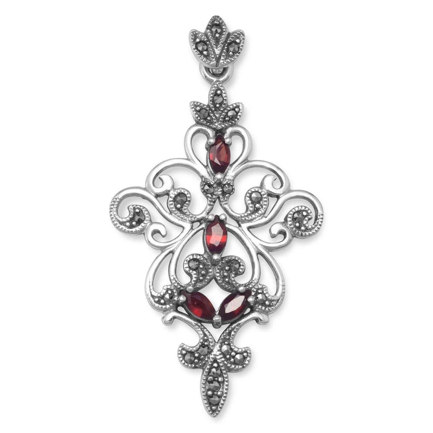 Ornate Marcasite and Garnet Pendant - Joyeria Lady