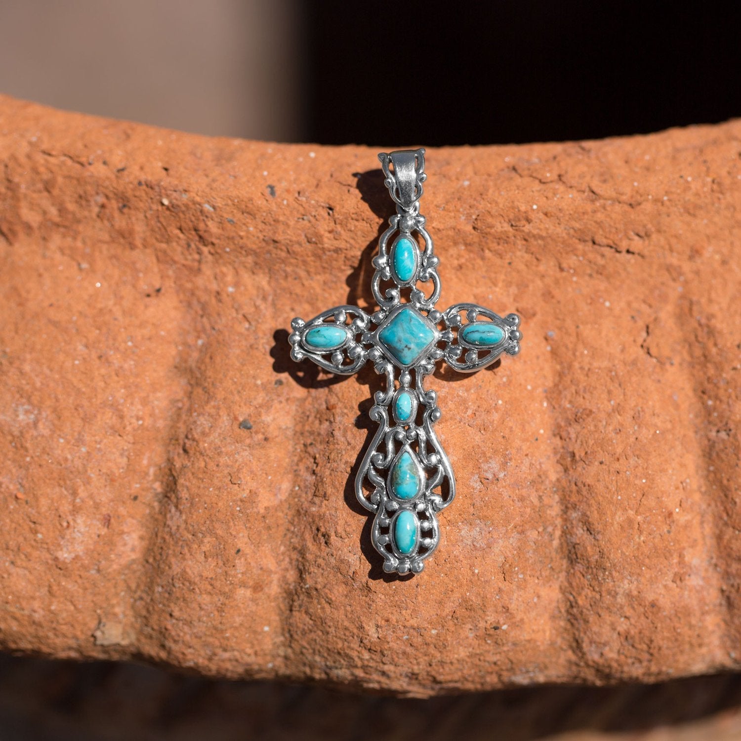 Ornate Oxidized Reconstituted Turquoise Cross Pendant - Joyeria Lady
