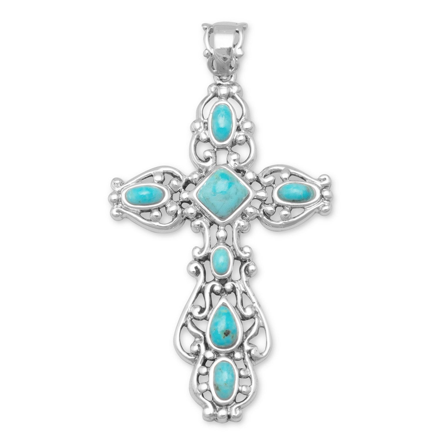 Ornate Oxidized Reconstituted Turquoise Cross Pendant - Joyeria Lady