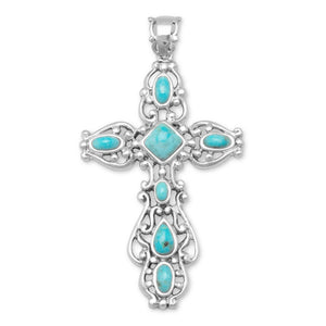 Ornate Oxidized Reconstituted Turquoise Cross Pendant - Joyeria Lady