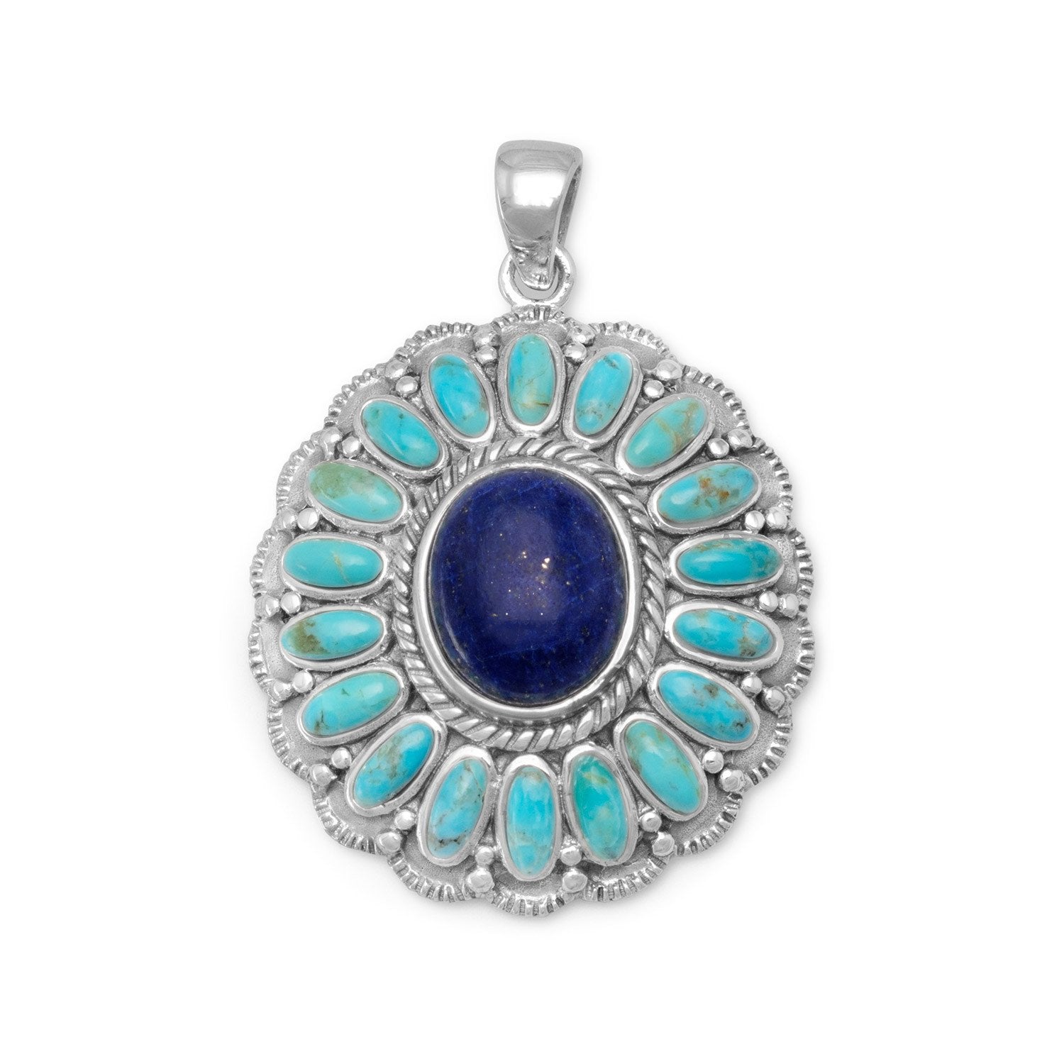 Oxidized Reconstituted Turquoise and Lapis Flower Pendant - Joyeria Lady