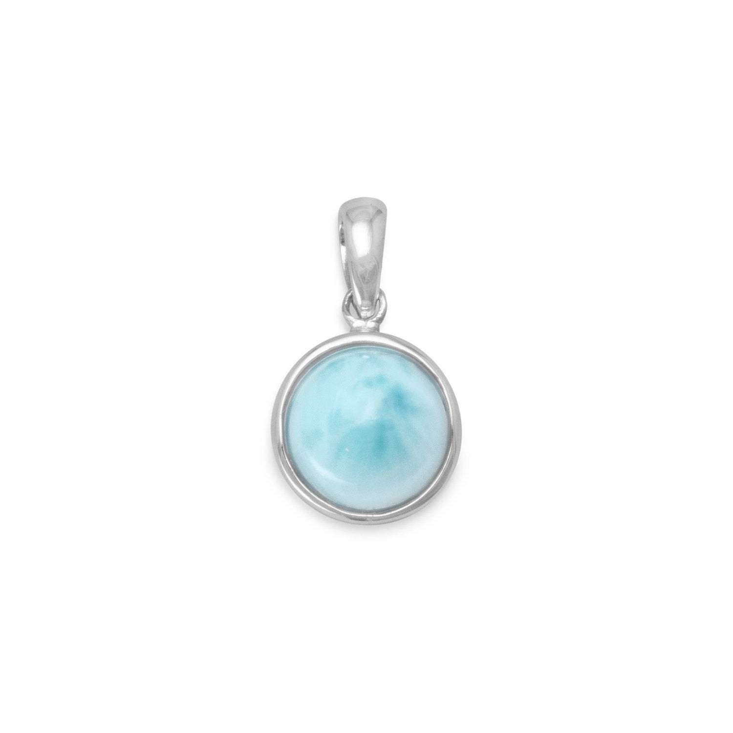 Rhodium Plated Round Larimar Pendant - Joyeria Lady