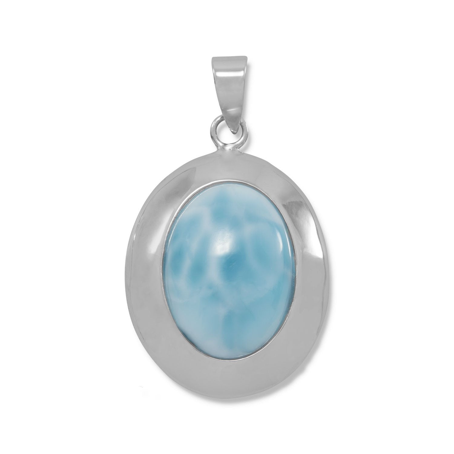 Rhodium Plated Oval Larimar Pendant - Joyeria Lady
